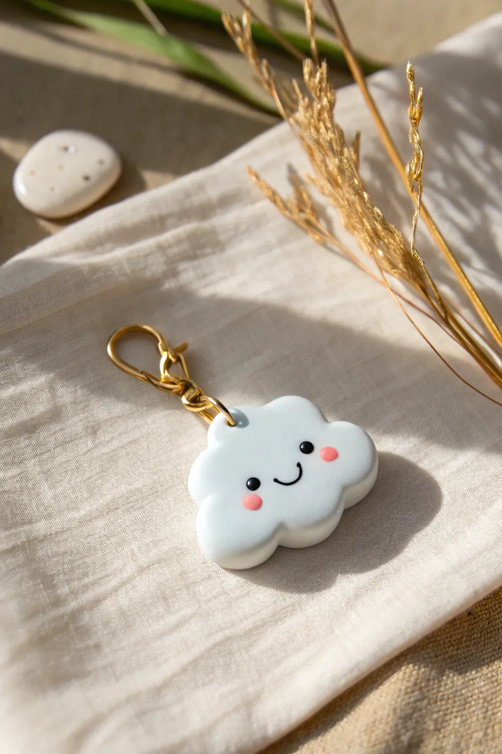 Sweet smiling cloud clay charm on a simple clip, minimalist and dreamy with soft blush detail