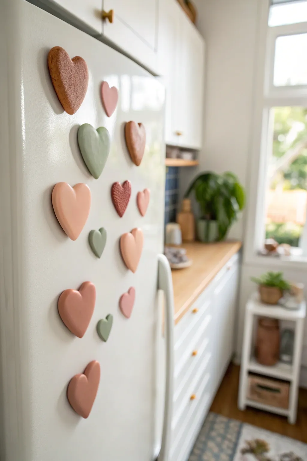 Soft puffy heart polymer clay magnets sprinkled on a fridge for a sweet minimalist pop.