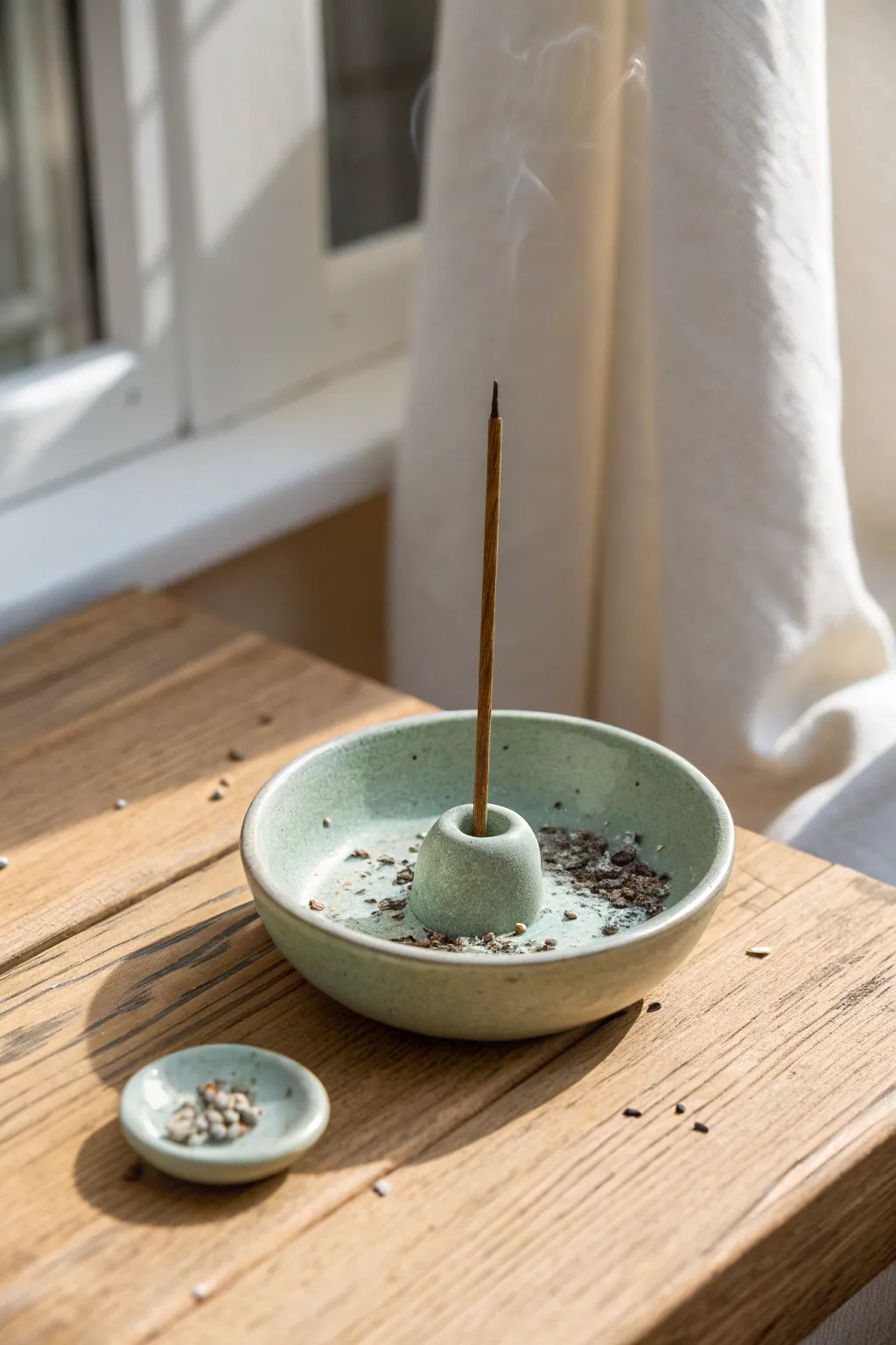 Minimal incense holder dish in muted sage, a tiny catch all with soft ash flecks and clean lines