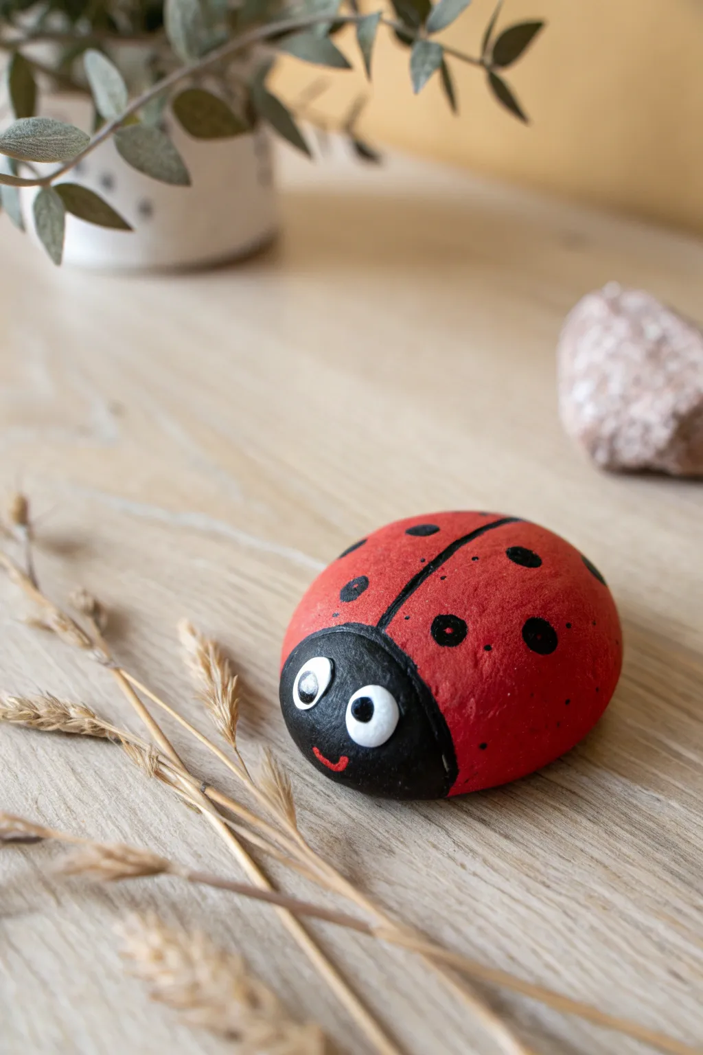 Minimal red clay ladybug pebble on light wood, sweet handmade decor with clean Nordic charm.