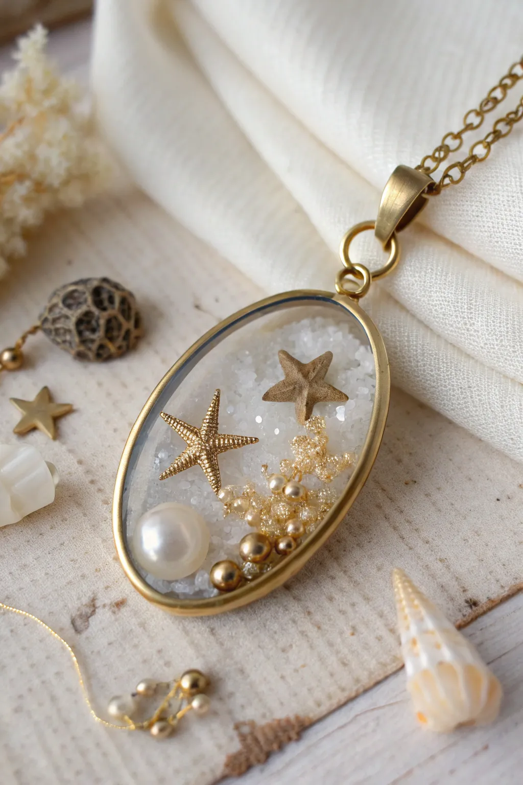 Clear epoxy clay bezel pendant with a balanced charm-and-bead cluster, minimal boho elegance
