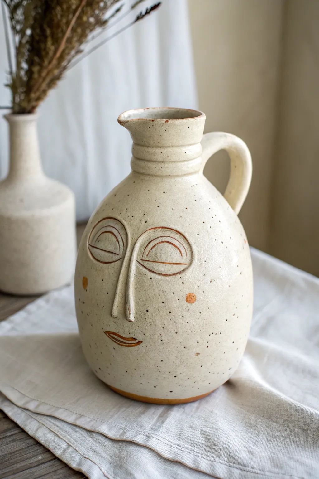 Minimal face jug with freckles, a raised scar line, and soft boho face marks in warm matte clay.