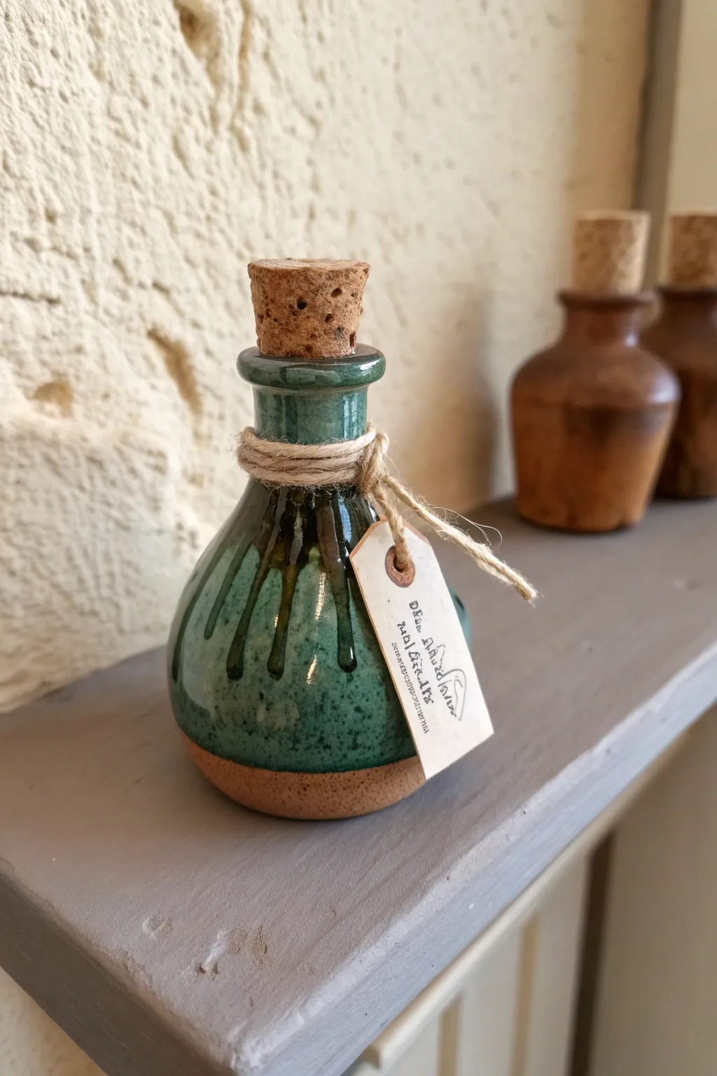 Whimsical clay fairy potion bottle with cork top, styled for minimalist Scandinavian boho shelves.