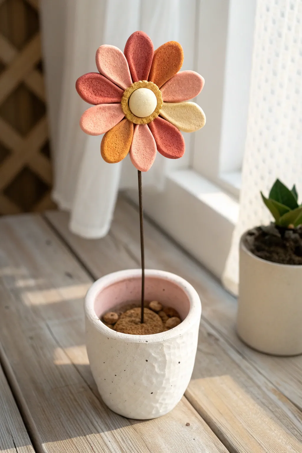 Oversized clay fairy bloom stake in a tiny planter, minimalist Nordic style with boho color pop.