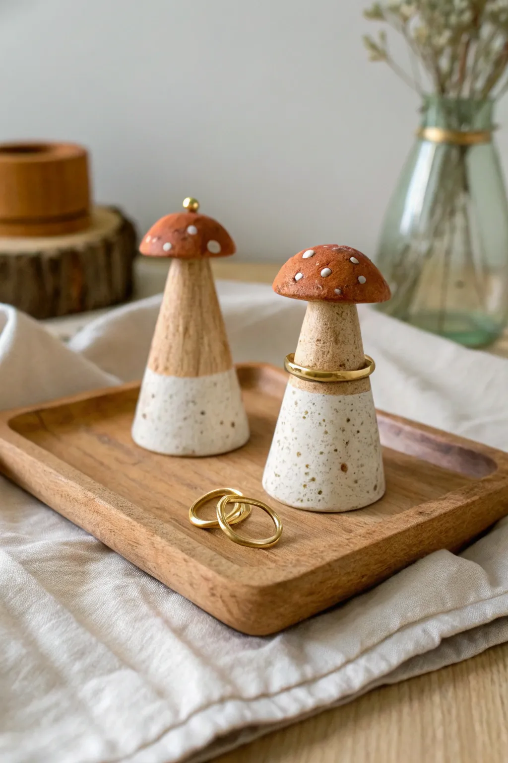 Earthy mushroom ring cones in speckled clay for a cozy, minimalist fall bedside tray