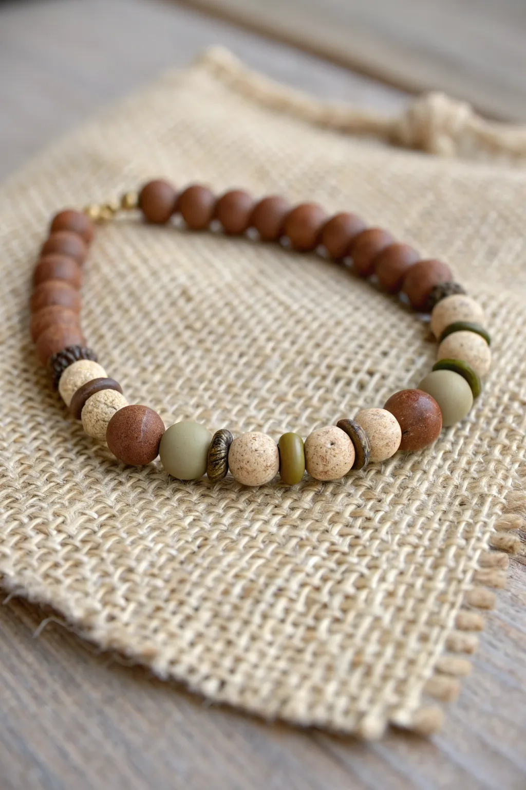 Neutral fall clay bracelet with tiny acorn accents, creamy browns and muted olive, cozy boho minimal.
