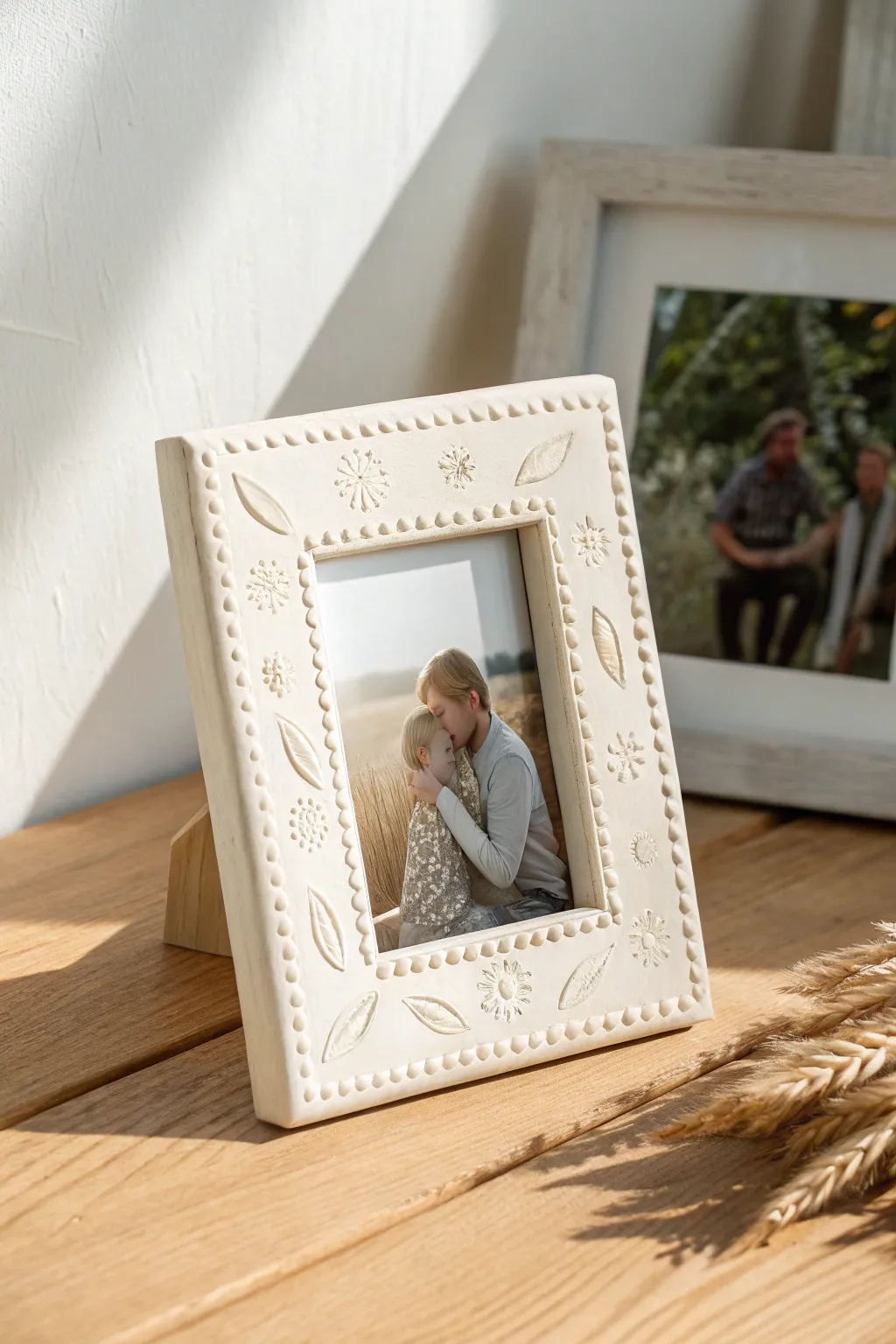 Minimalist clay fingerprint frame to showcase a family photo, a heartfelt DIY Fathers Day keepsake.