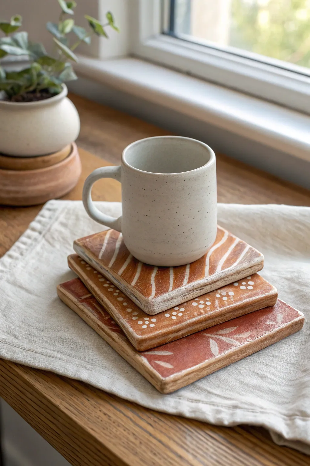 Handmade clay coasters with kid doodle textures, a sweet Fathers Day keepsake set.