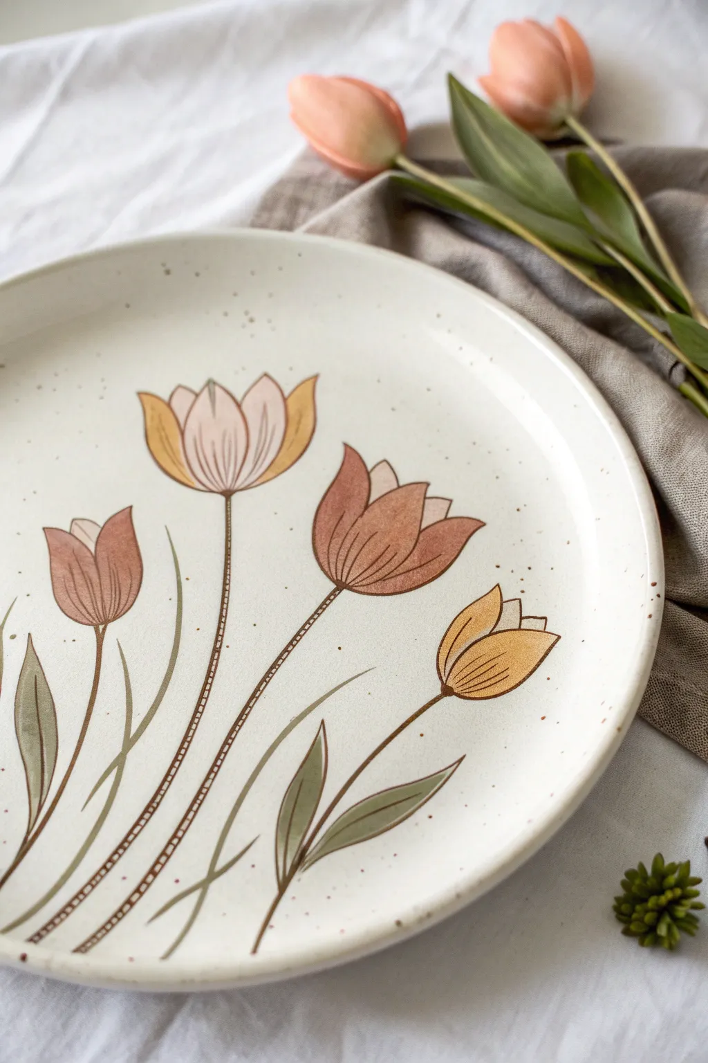Three simple tulips on a white plate for an airy, modern floral painting idea at home