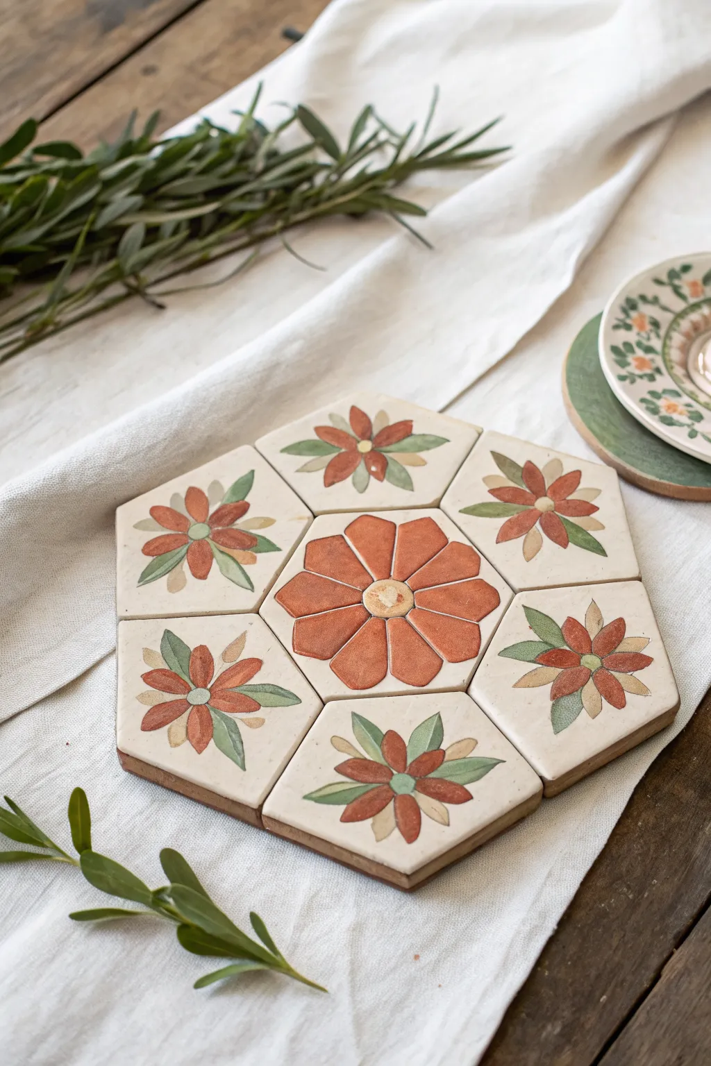 Hexagon clay tiles in soft earthy tones form a bold flower mosaic, simple and stunning.