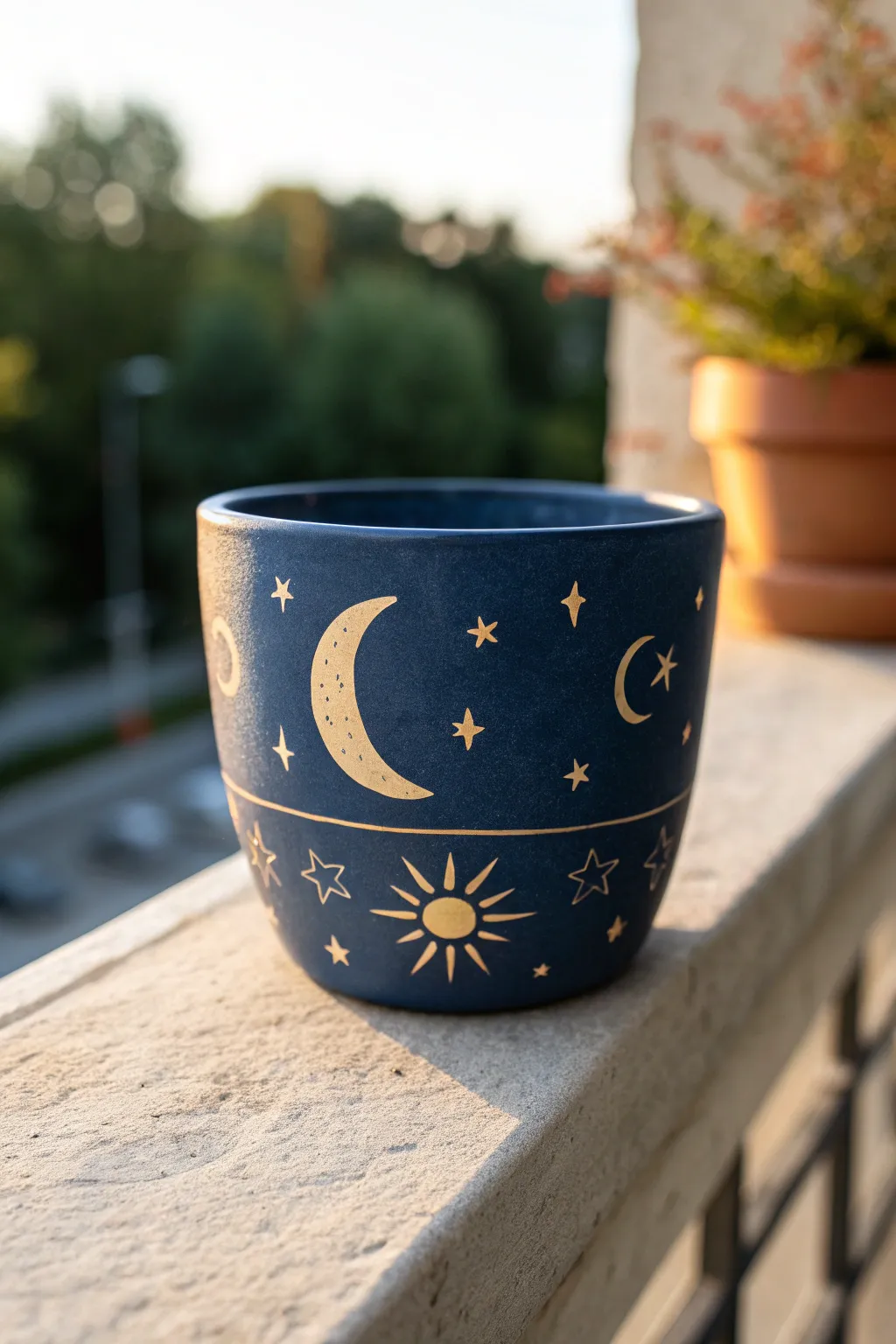 Golden hour deep blue pot with simple sun, moon, and stars for a dreamy celestial touch