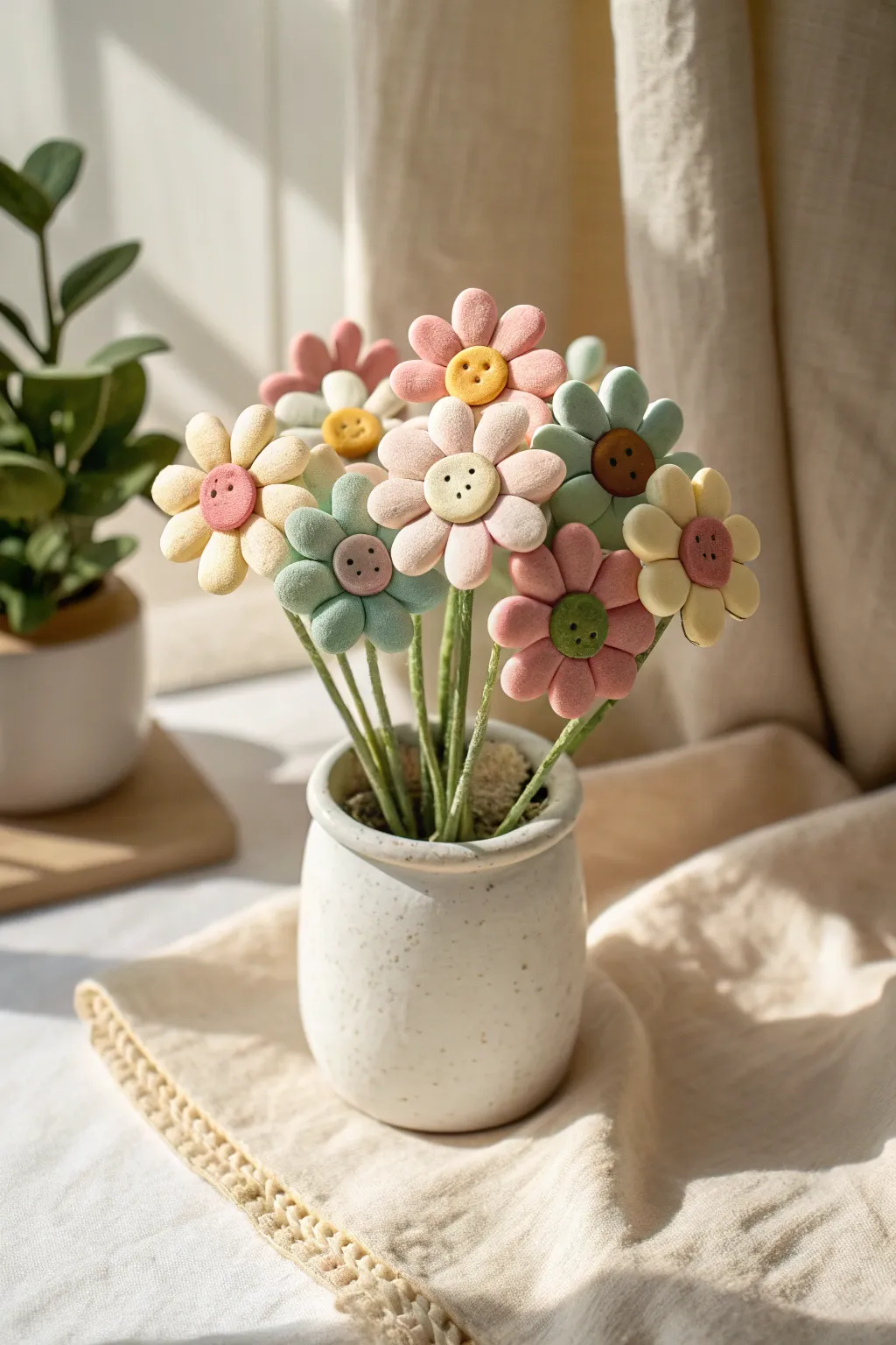 Sweet foam clay smiley flower bouquet in a tiny pot, minimal and cozy with soft contrast
