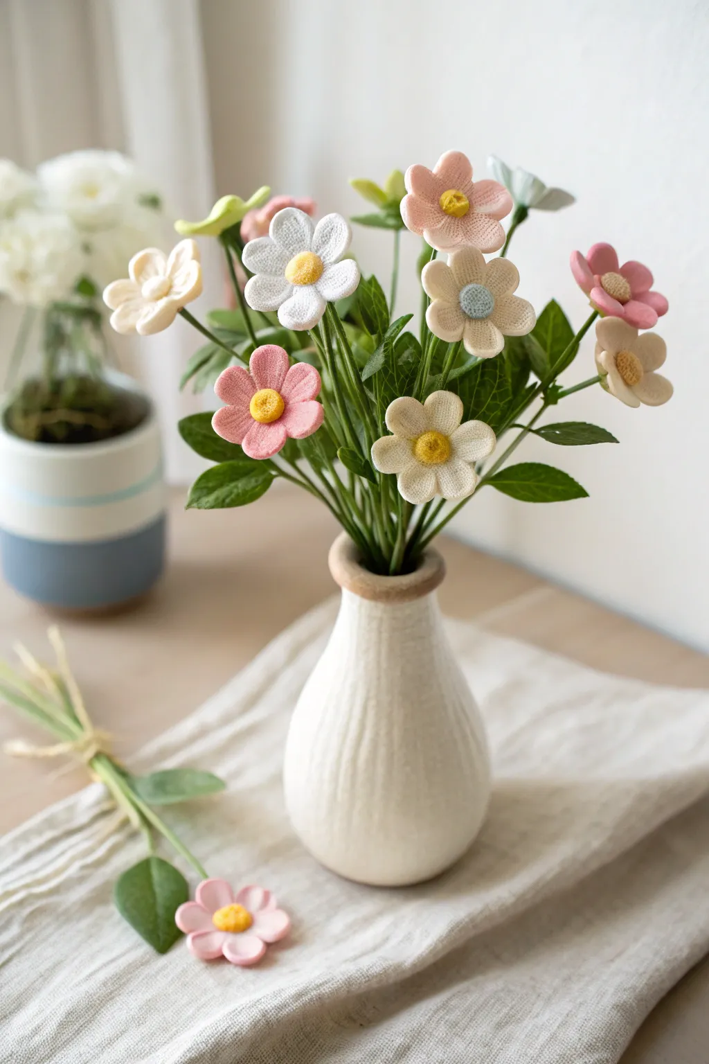 Simple foam clay flower sprigs in a tiny vase, soft pastels and a bright handmade accent