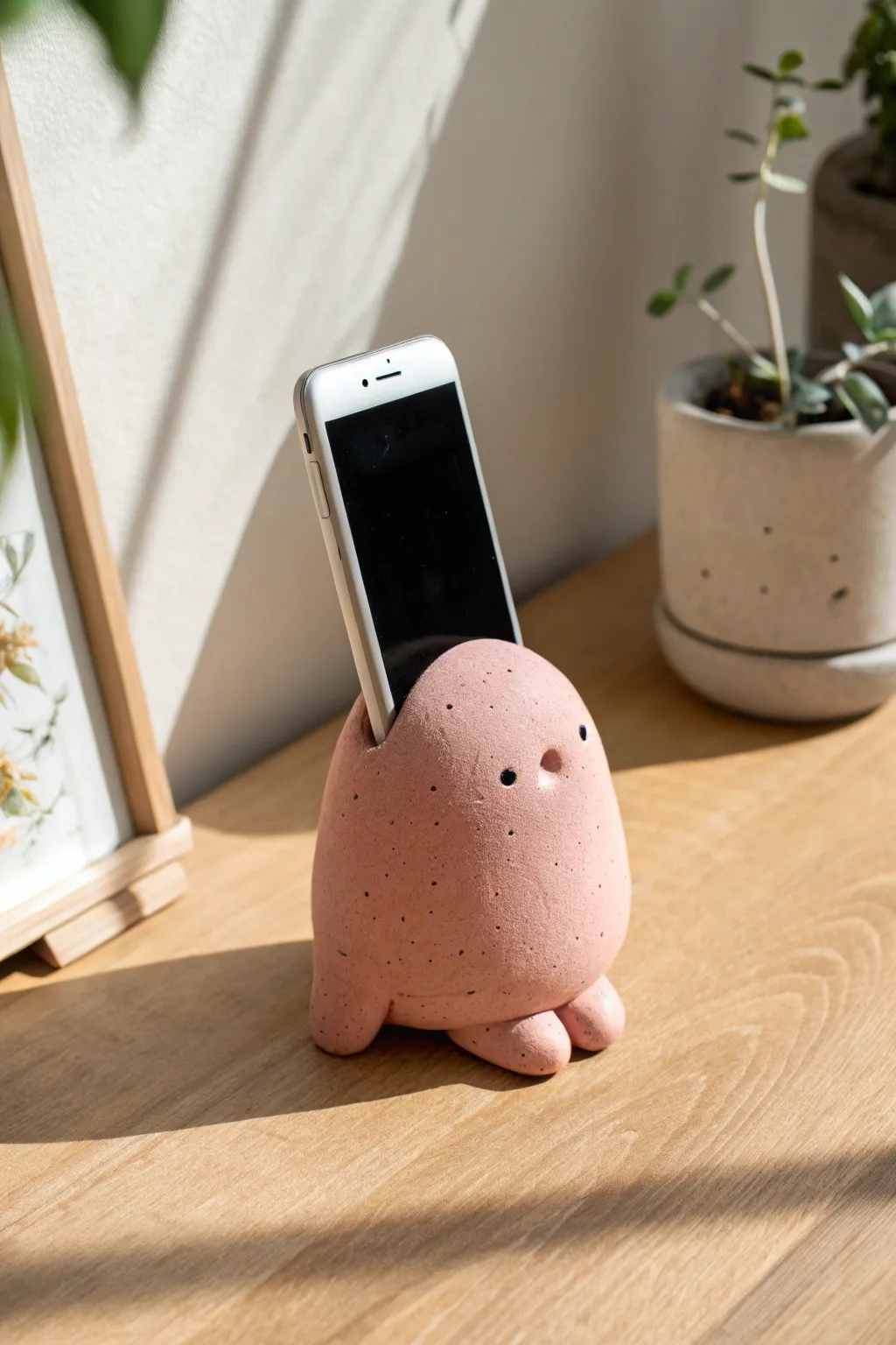 A cute foam clay creature phone stand in soft minimalist styling, perfect for easy DIY decor.