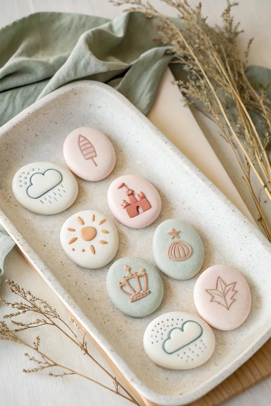 Foam clay story stones with simple icons, perfect for kids pretend play and matching games.