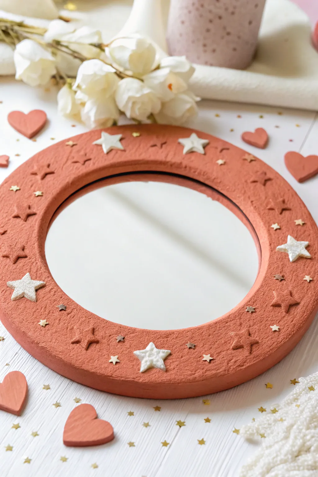 Bold foam clay mirror with heart and star confetti frame for a playful minimalist look