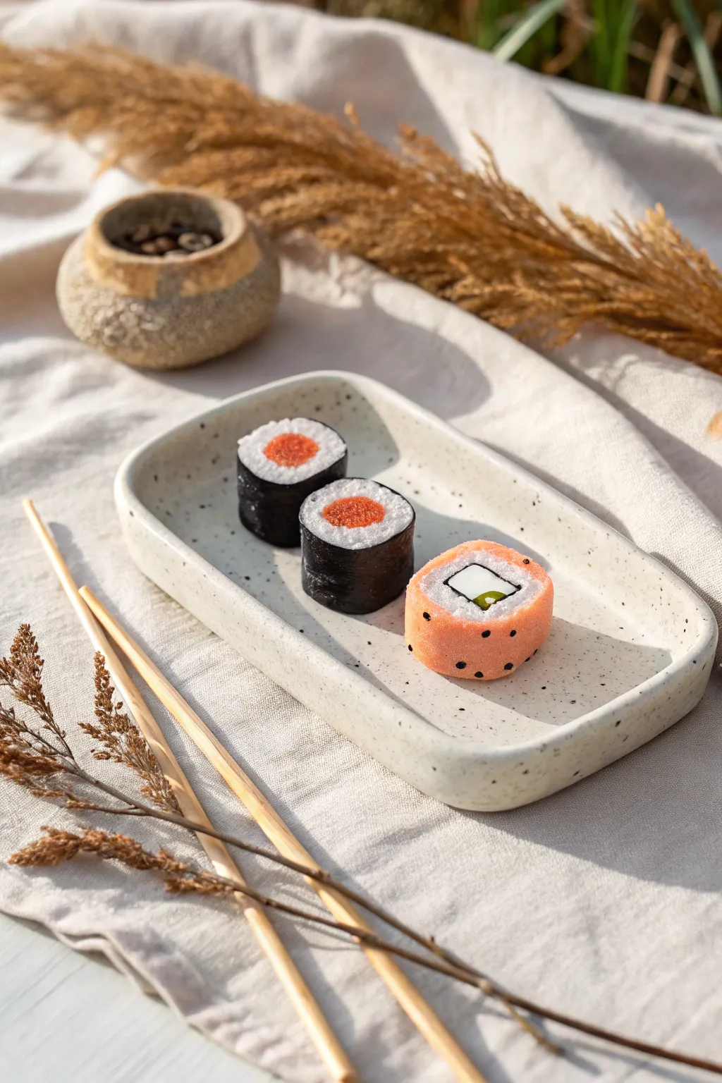 Minimal clay sushi tray with tidy rolls and nigiri, perfect beginner-friendly food sculpture.
