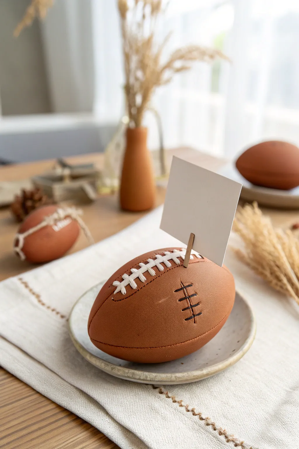 Minimal football clay place card holder for game day tablescapes, simple and handmade charm