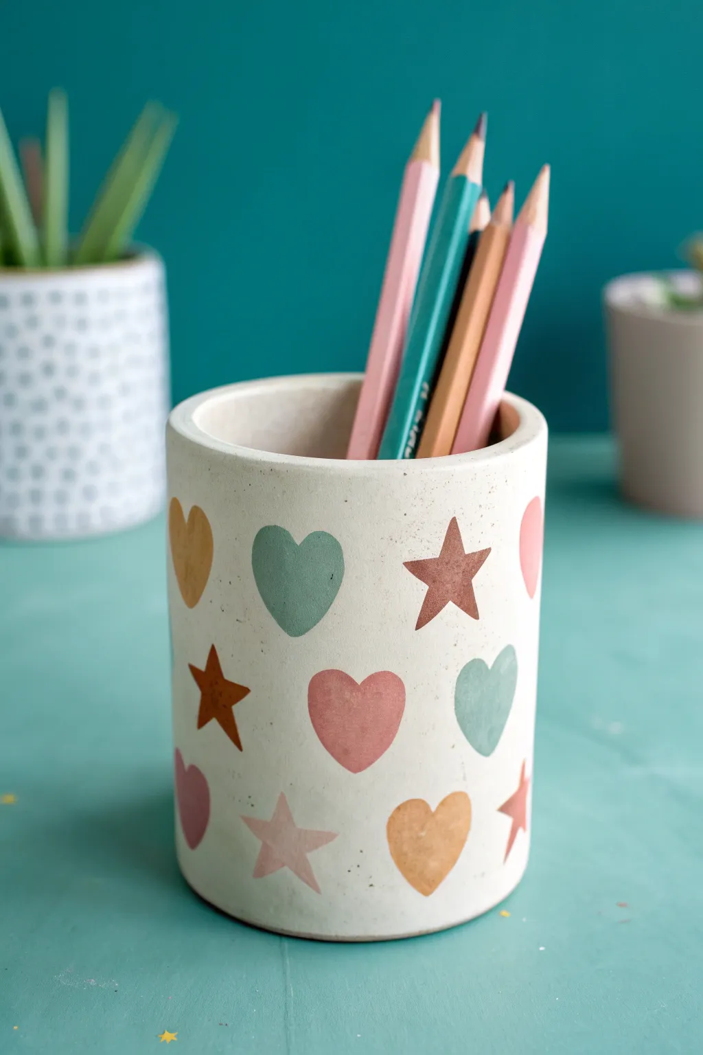 Minimal clay pencil cup with cute cutout shapes, an easy kids project that looks beautiful on a desk