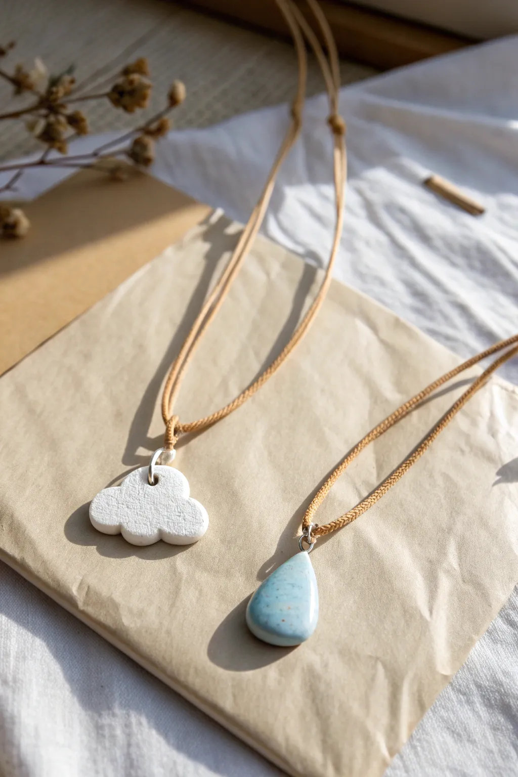 A sweet cloud and raindrop clay charm set, simple and calm, made to share with a friend.