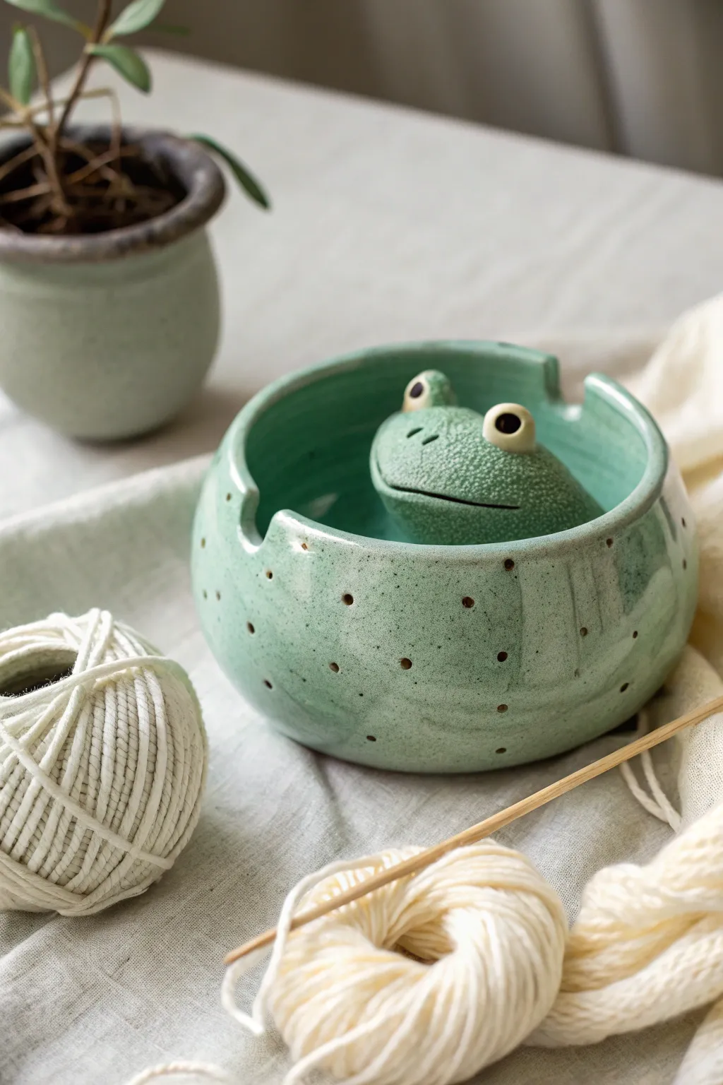 Frog yarn bowl with a mouth guide, styled in calm Scandinavian-boho tones and clean contrast.