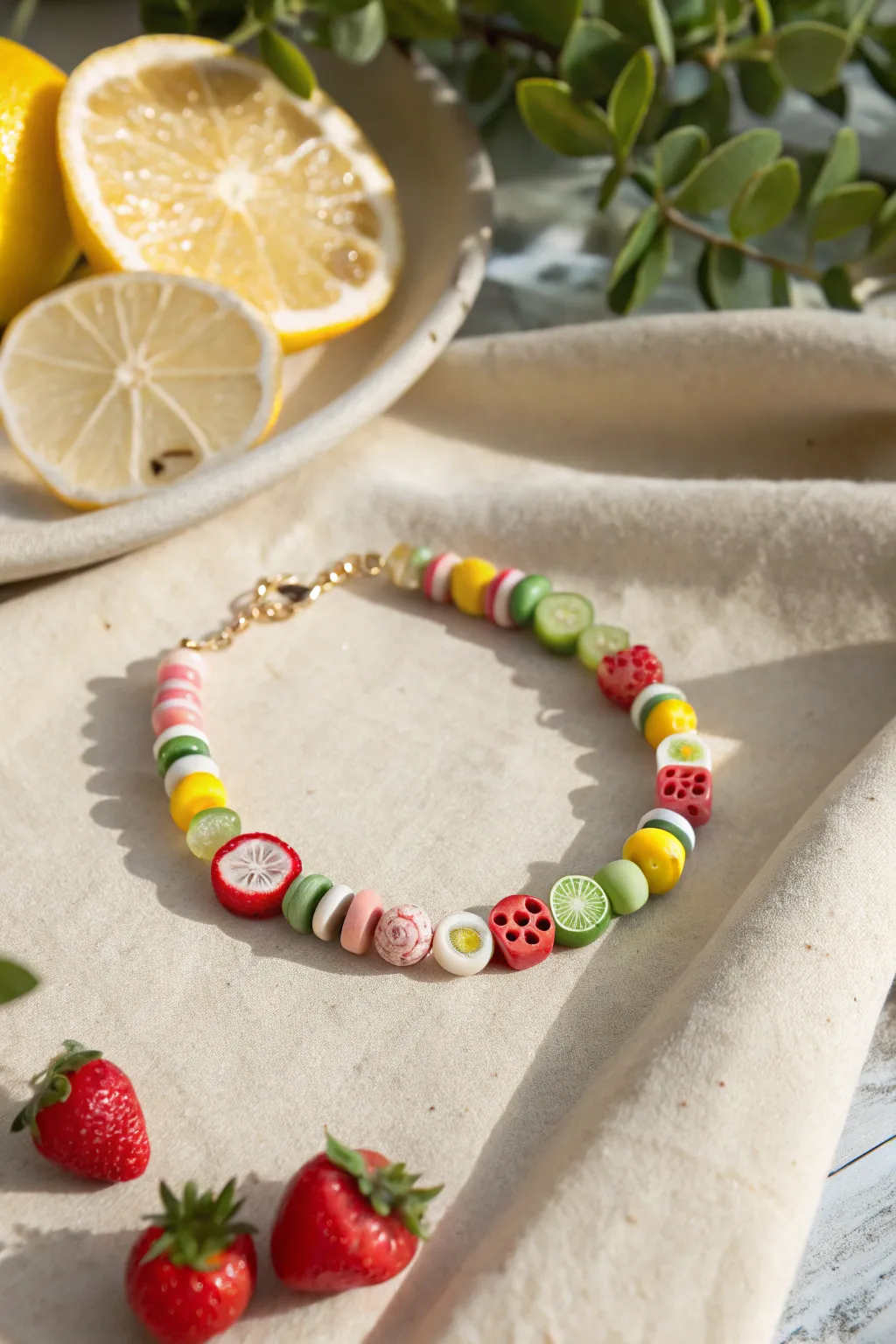 Fruit salad bracelet: polymer clay fruit slices mixed with rainbow heishi beads for summer vibes.