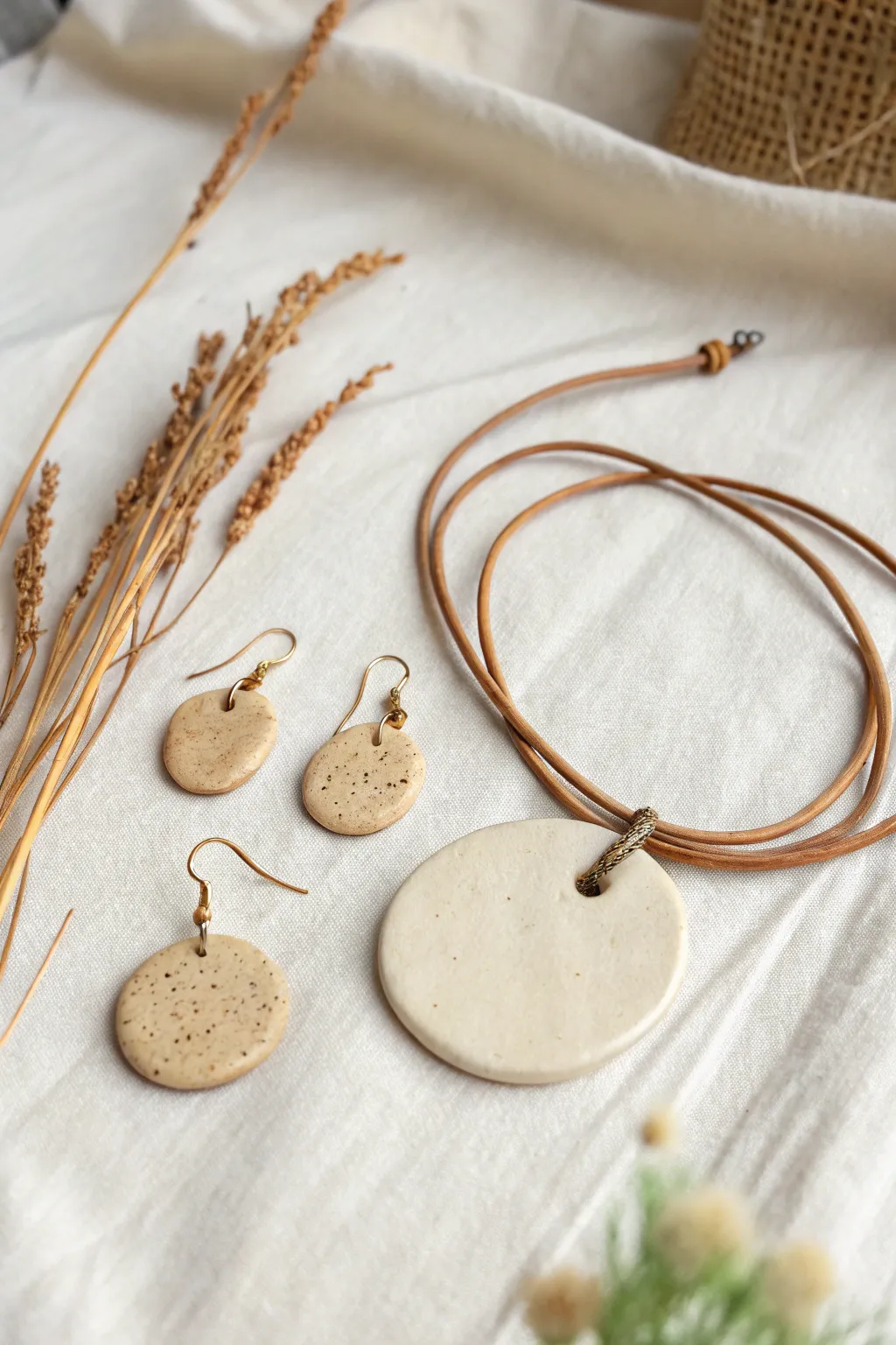 Minimal air dry clay earrings and charm set in soft earthy tones, styled on linen
