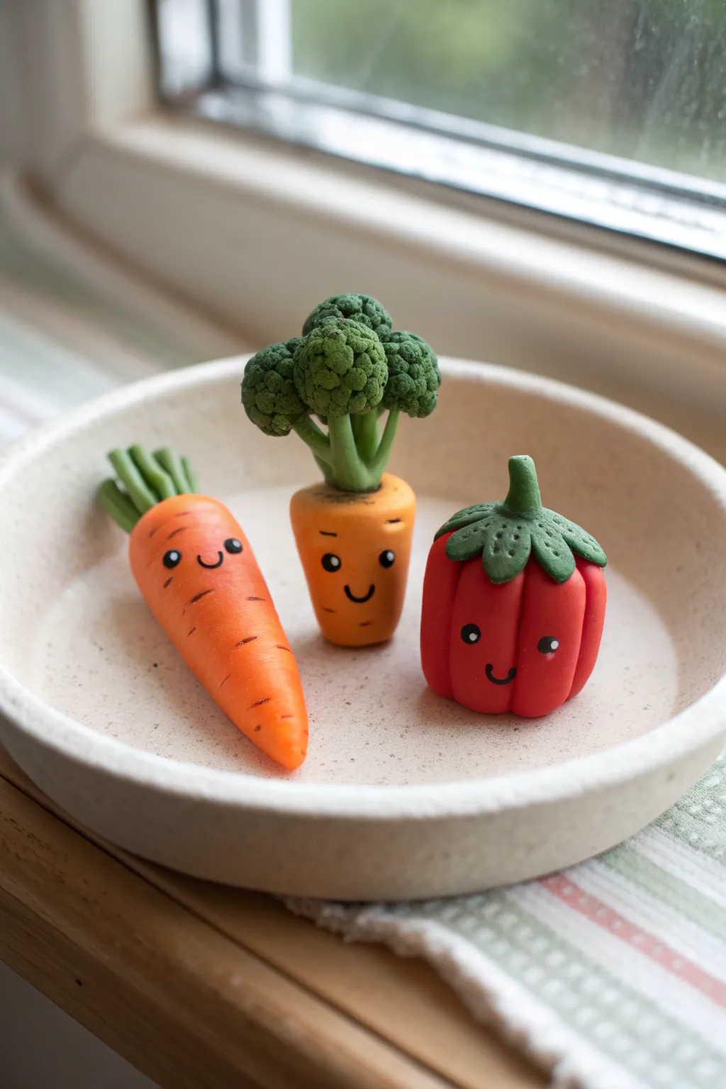 Cute clay carrot, broccoli and pepper pals with tiny smiles, an easy veggie-face idea to try.