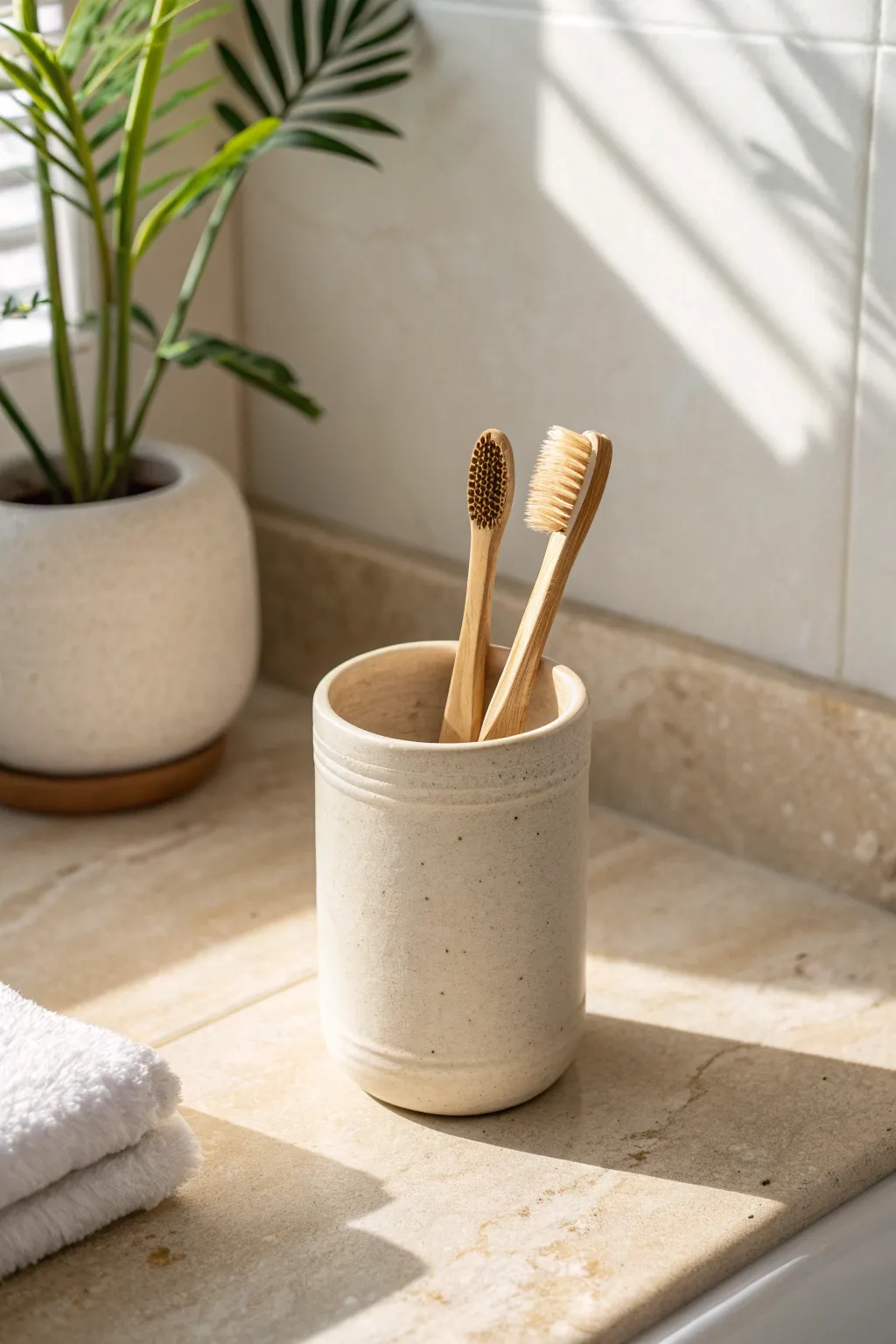 Glossy air dry clay toothbrush holder cup with bamboo brushes, minimal and boho for a calm vanity.