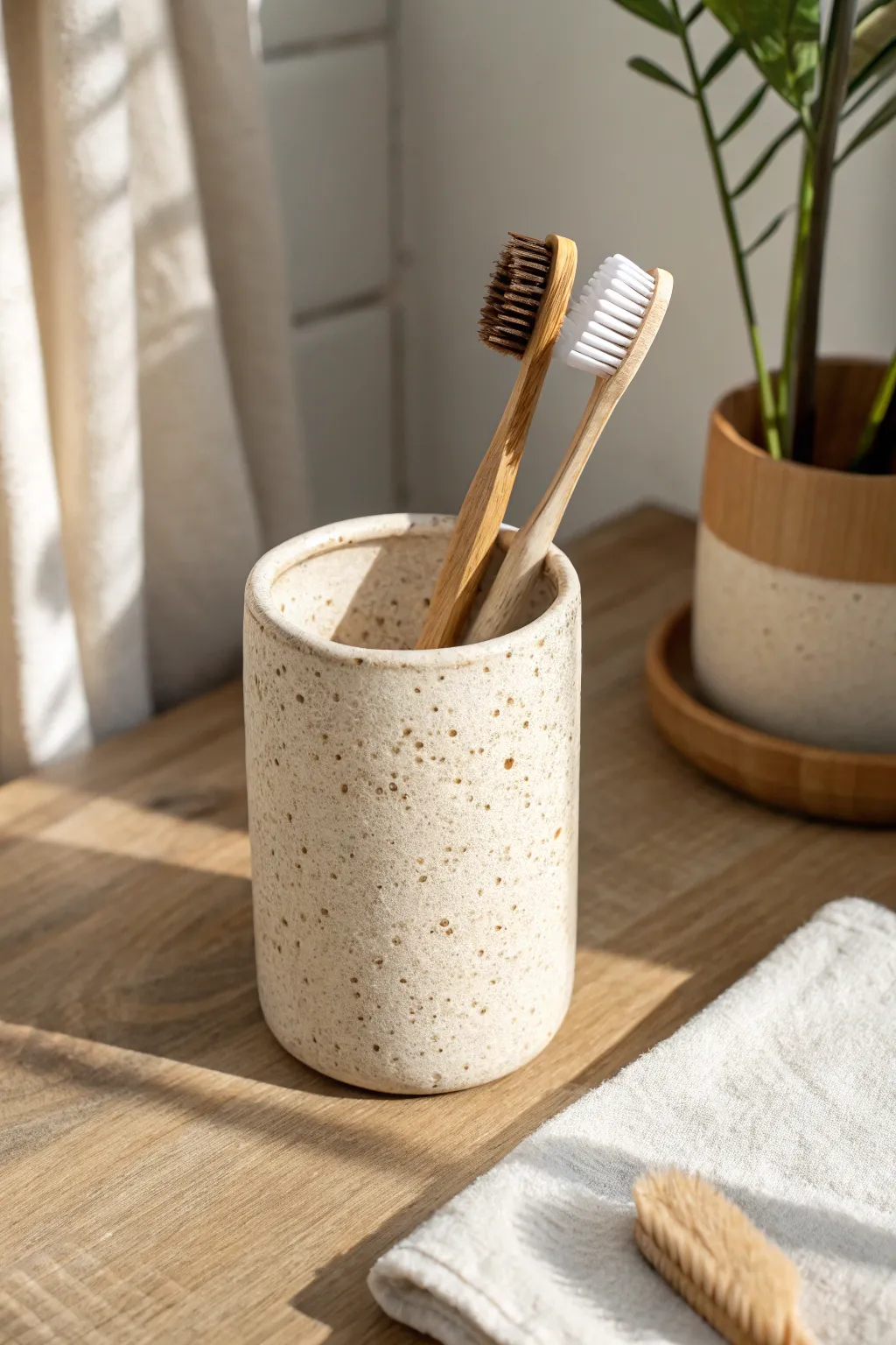 A weighted ceramic toothbrush holder with separated slots so brushes stay upright and clean.