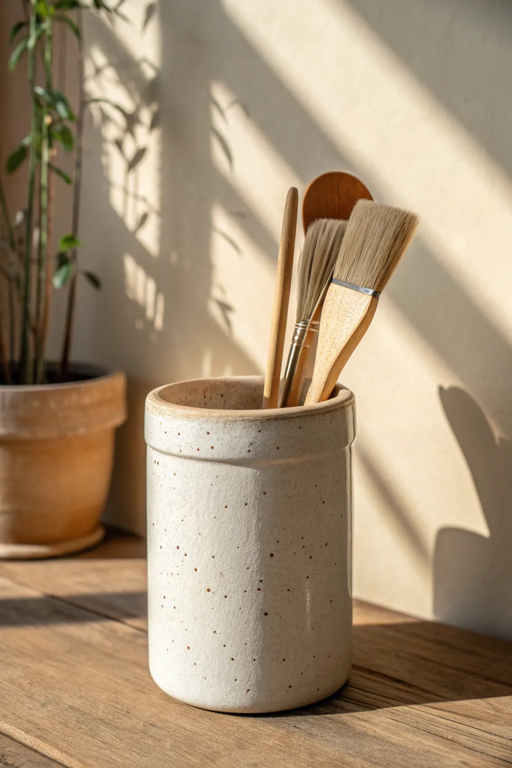 Handmade ceramic utensil crock with wooden tools, minimalist and practical for your studio.