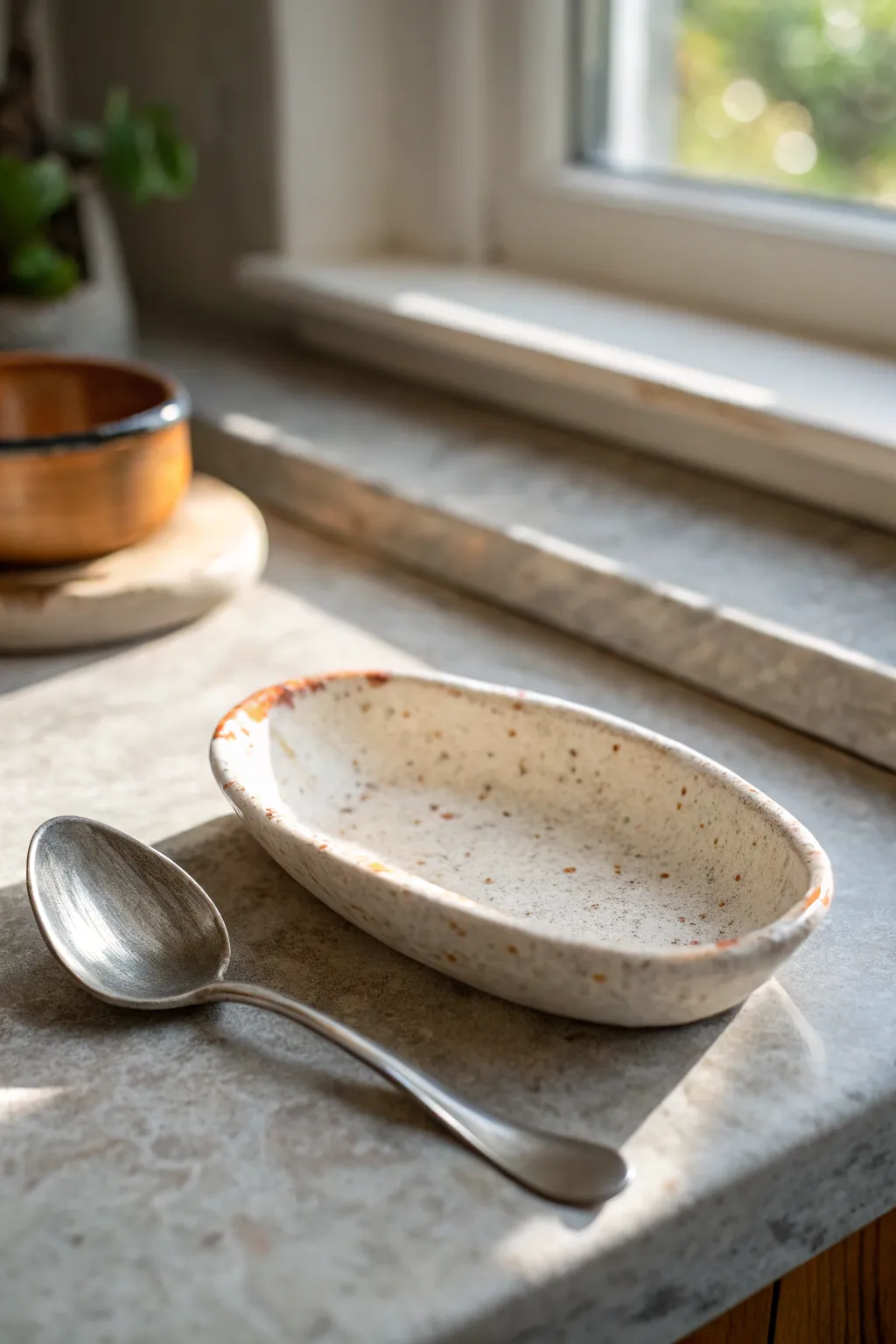 Minimalist polymer clay spoon rest that keeps your counter tidy, even on the messiest cooking days.