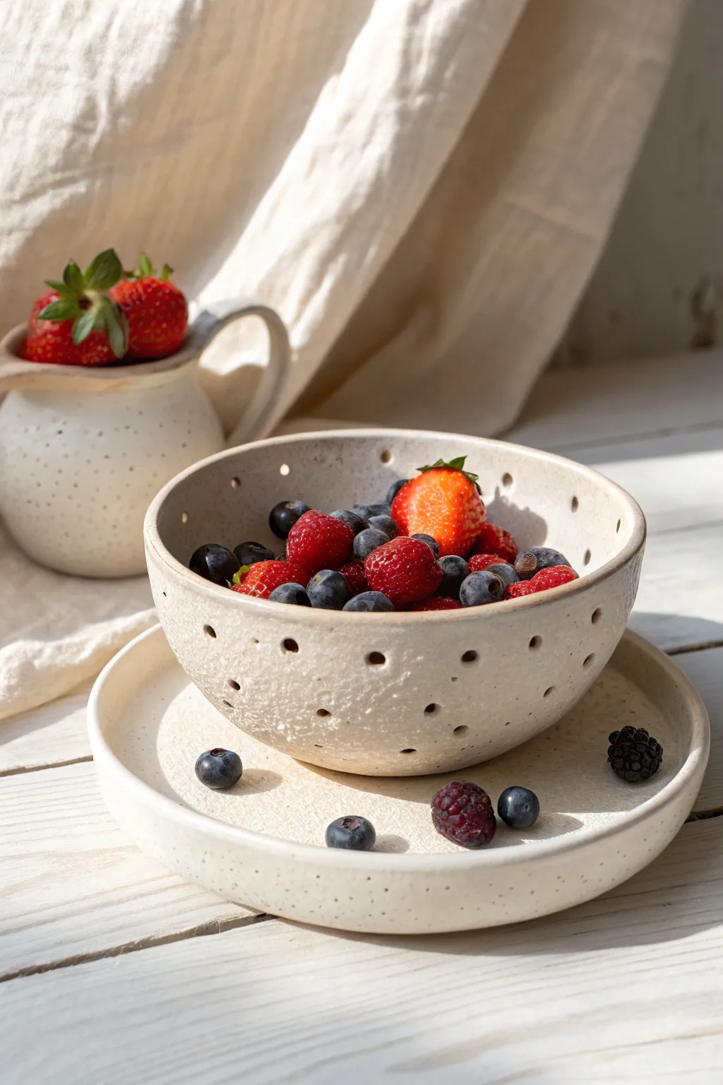 Pretty and practical: a handmade berry bowl with drainage holes and matching catch plate
