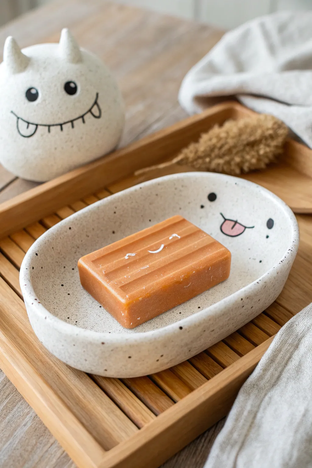 Cheeky monster soap dish with tongue drip tray—simple clay project that makes washing fun.