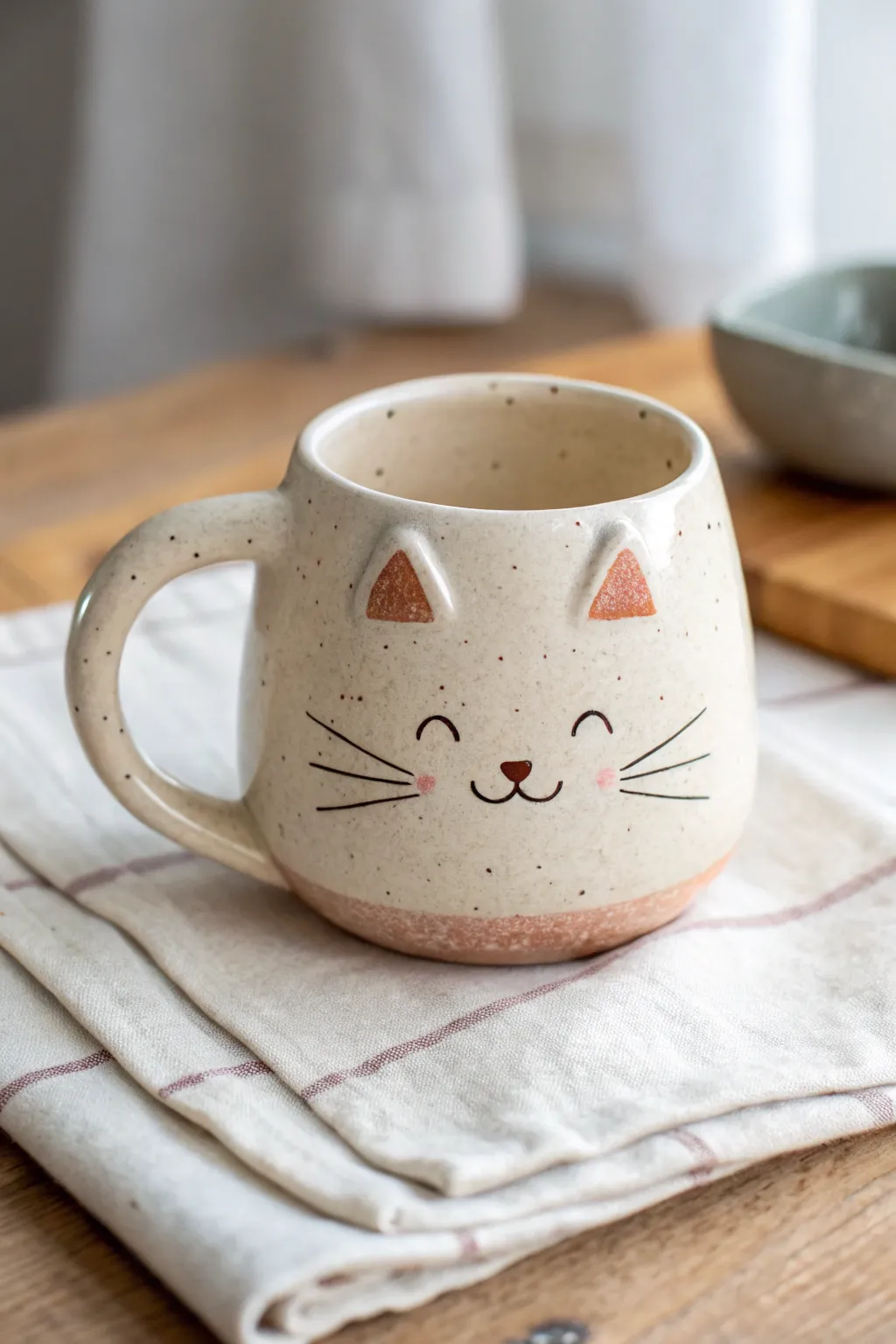 A whiskered cat face mug with a tail handle, cute, wonky, and perfectly handmade.