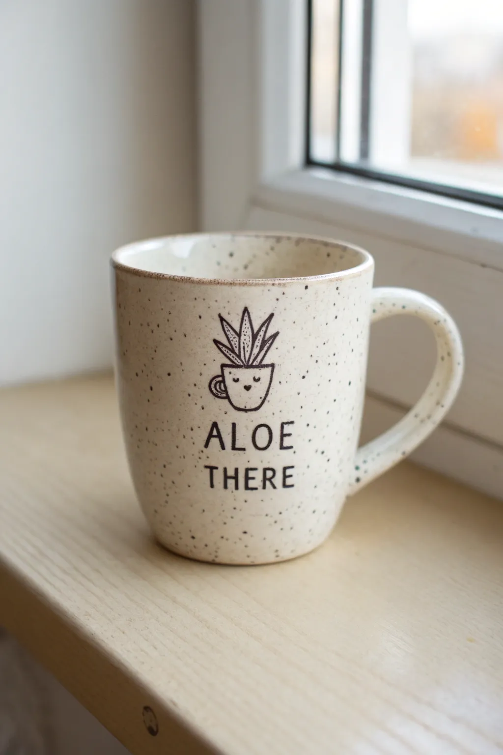 Minimalist doodle mug with playful Aloe there pun, an easy DIY idea for cheerful mornings