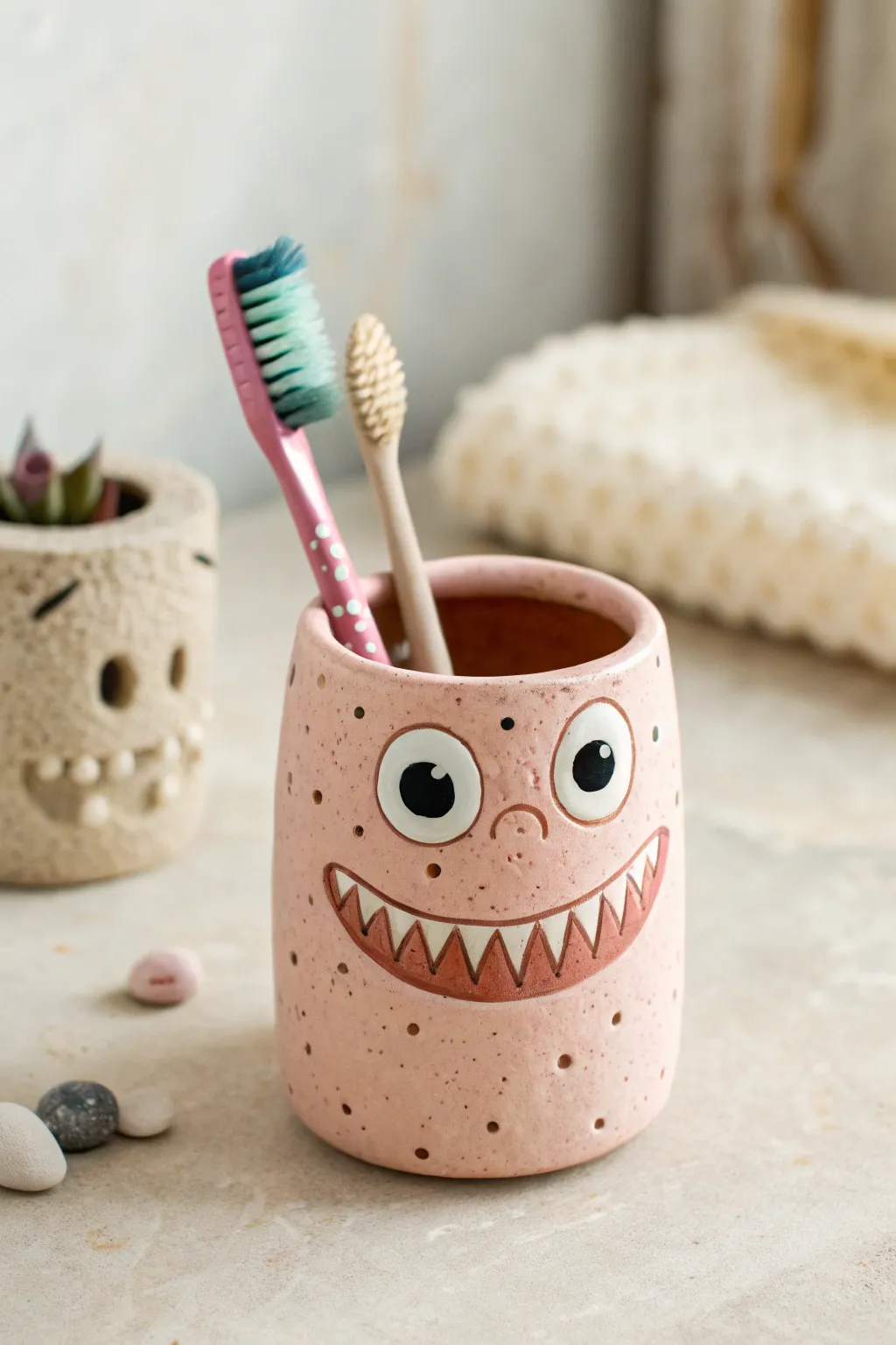 Gaping-mouth toothbrush monster cup—goofy eyes, silly teeth, and functional bathroom humor.