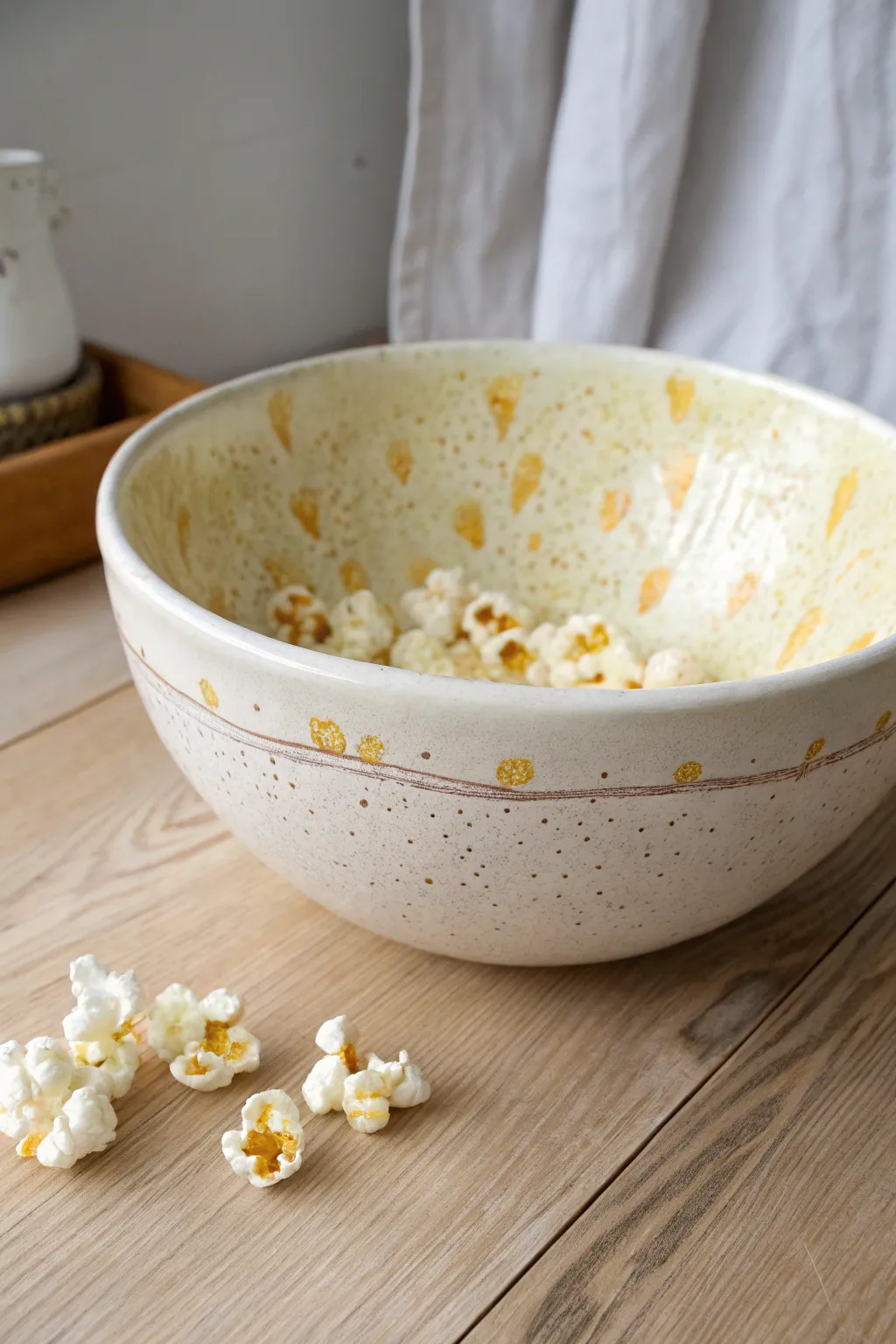 A playful trompe l’oeil popcorn bowl, empty inside but bursting with painted crunch outside.