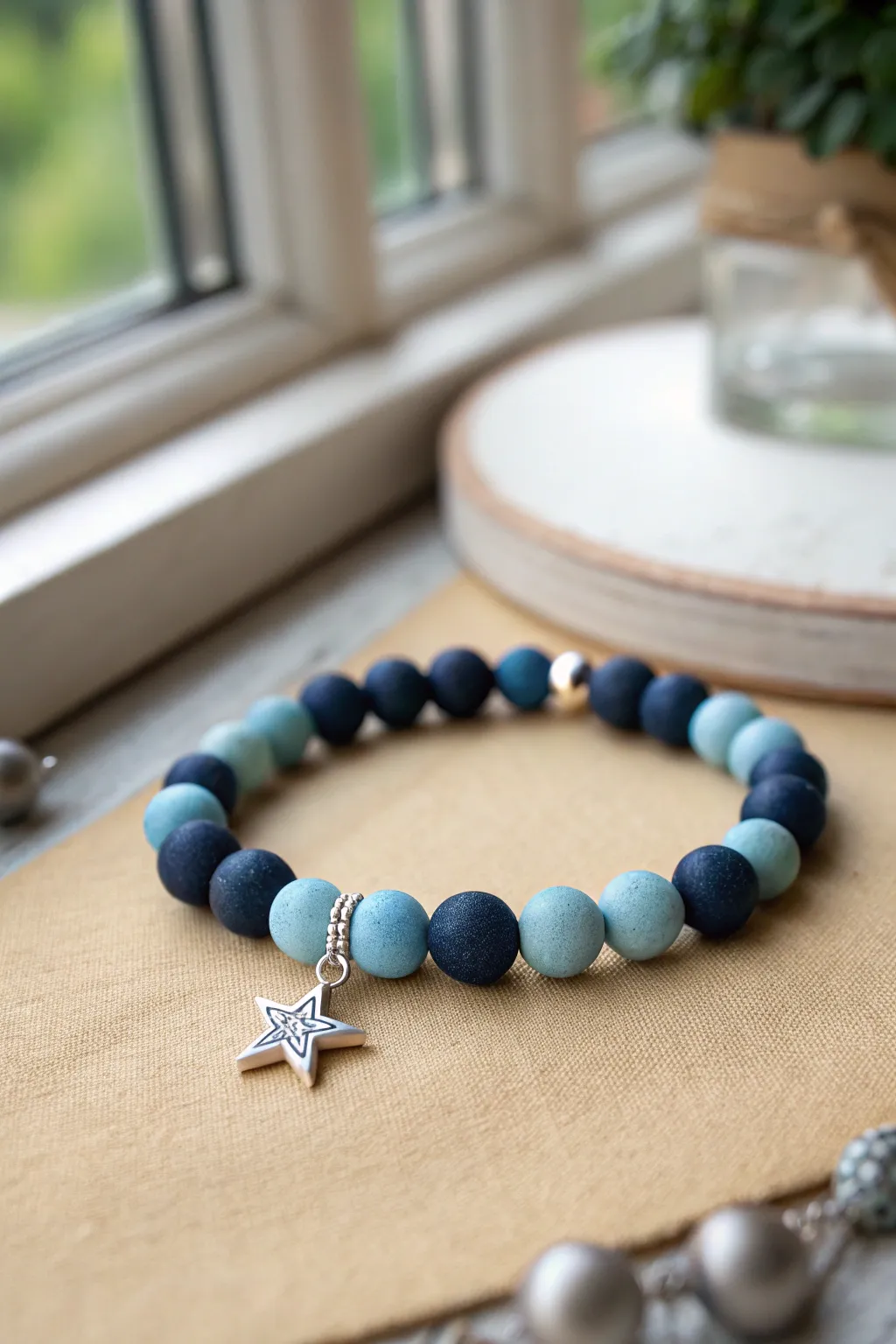 Dreamy starry night bracelet with blue clay beads and a tiny silver star, minimalist boho style.