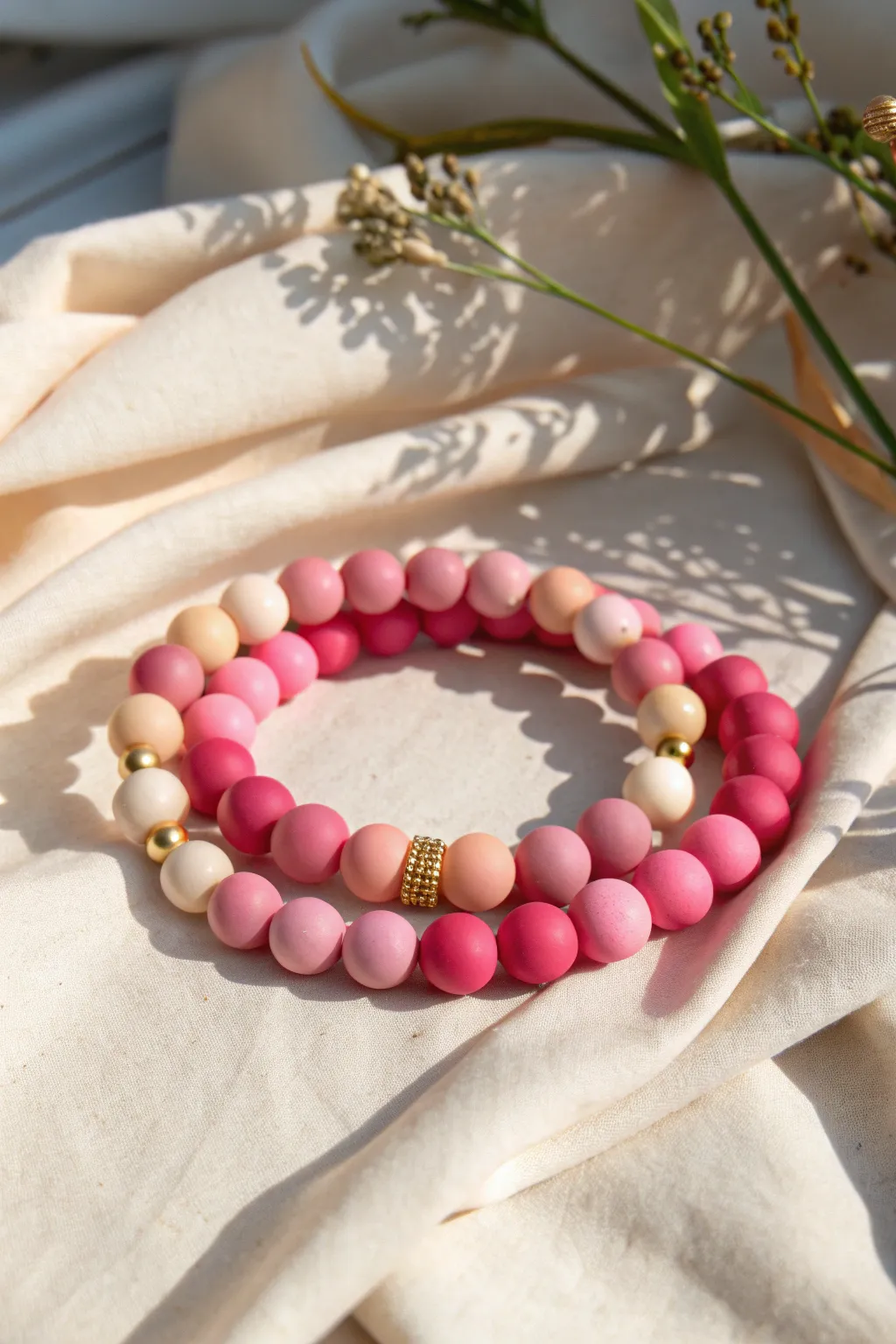 Bubblegum pink clay bead bracelet stack with gold spacers and a neutral accent for contrast
