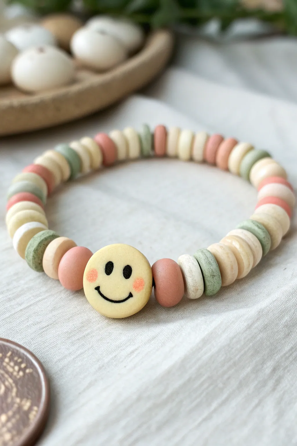 A smiley focal bead with calm clay discs for an easy, modern Scandinavian boho bracelet.