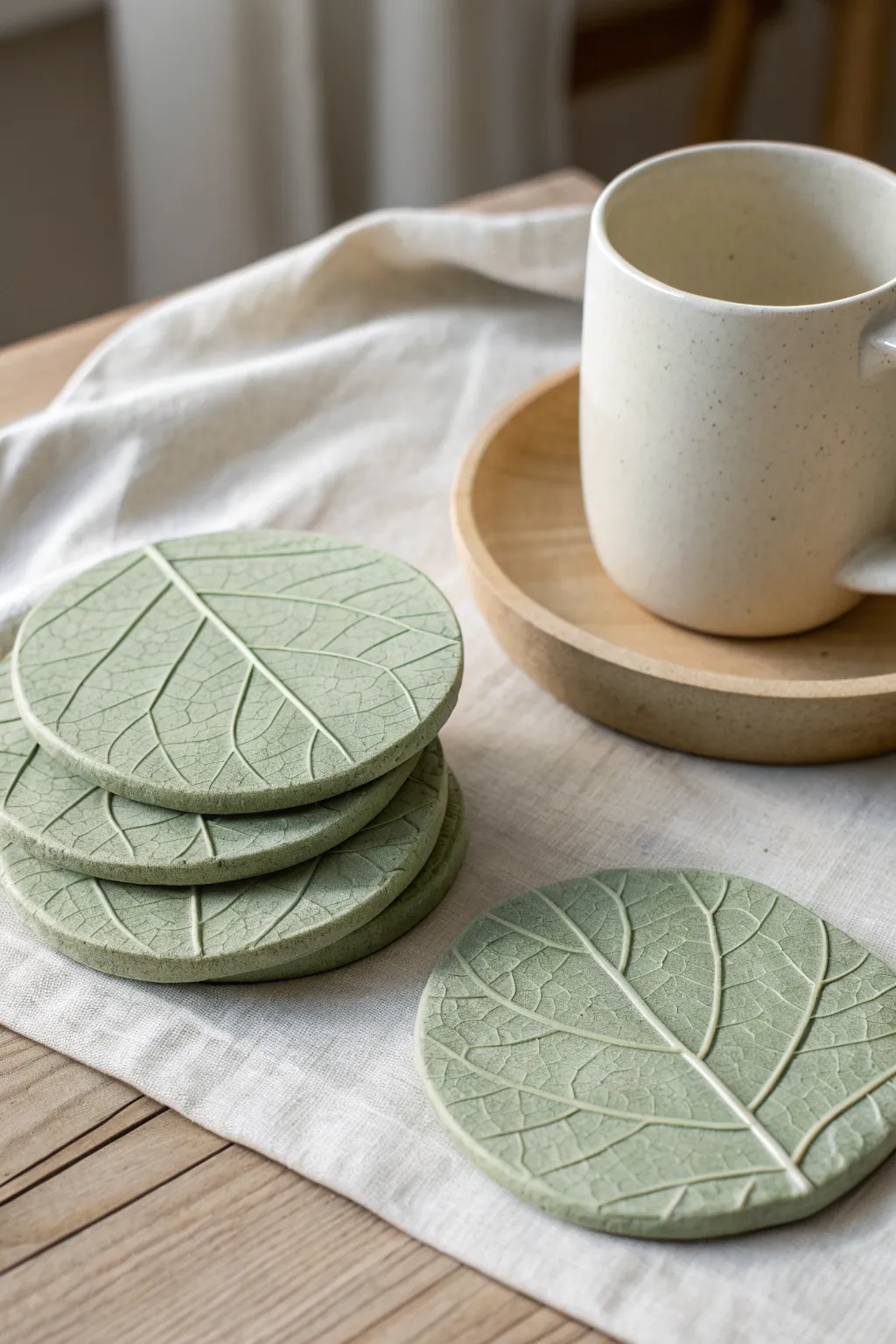 Sage green leaf-imprint clay coasters stacked for texture, styled with a simple mug in soft light.