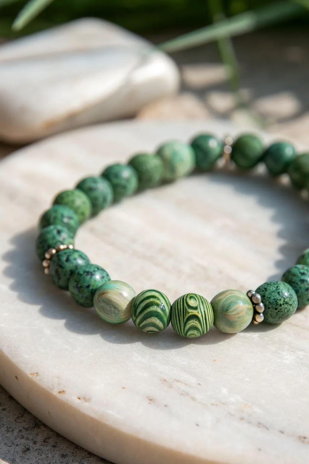 Marbled green swirl clay beads meet solid heishi for a calm, modern bracelet with boho warmth.