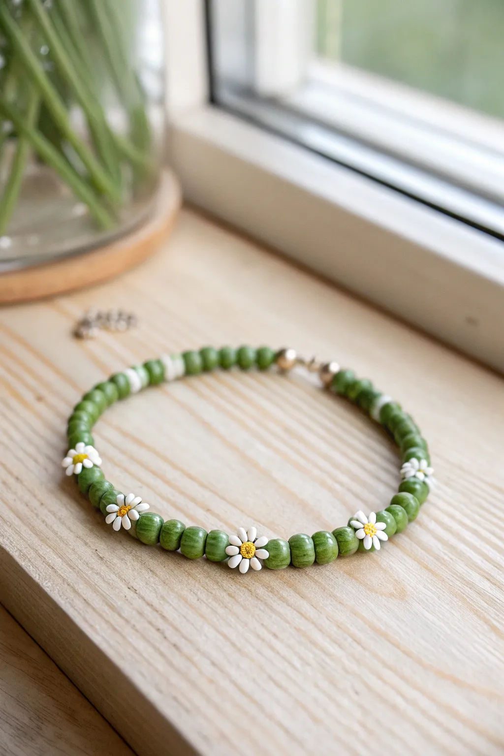 Green heishi bead bracelet with sweet daisy spacers for an easy, sunny boho look