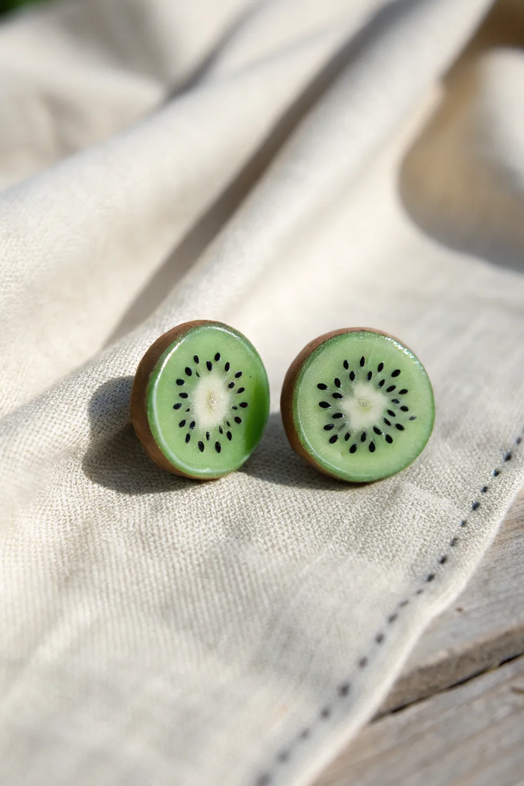 Kiwi slice studs in fresh green clay, minimal and cute on linen for an easy boho finish.