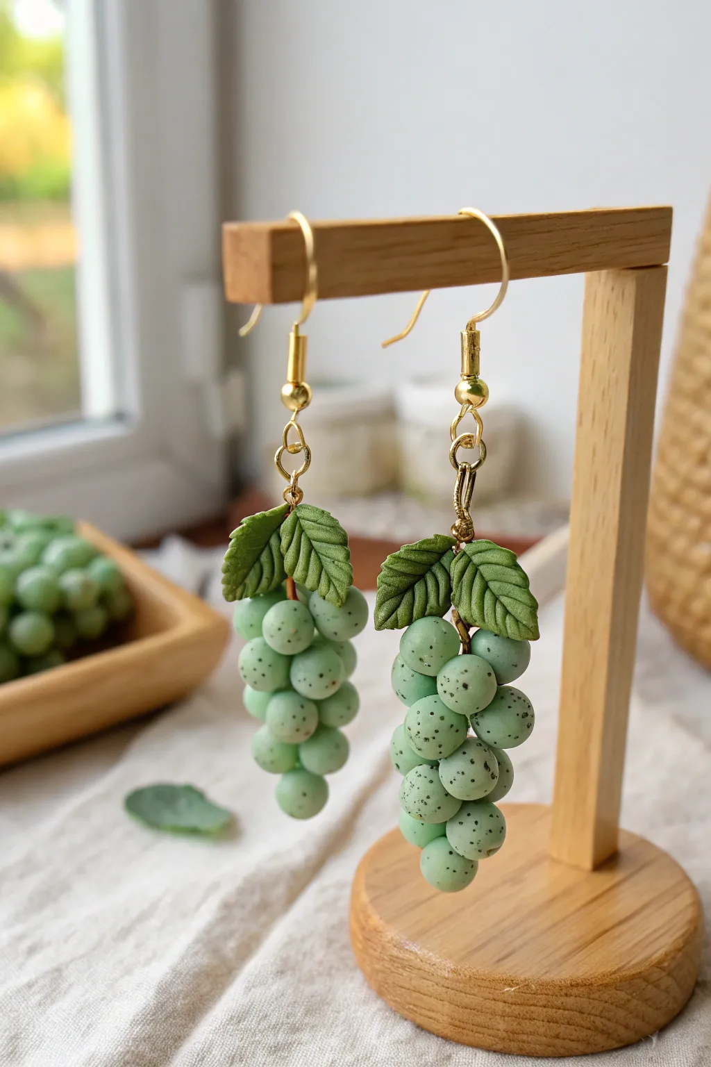 Fresh green grape cluster dangle earring in minimalist boho style, crisp focus and soft linen mood