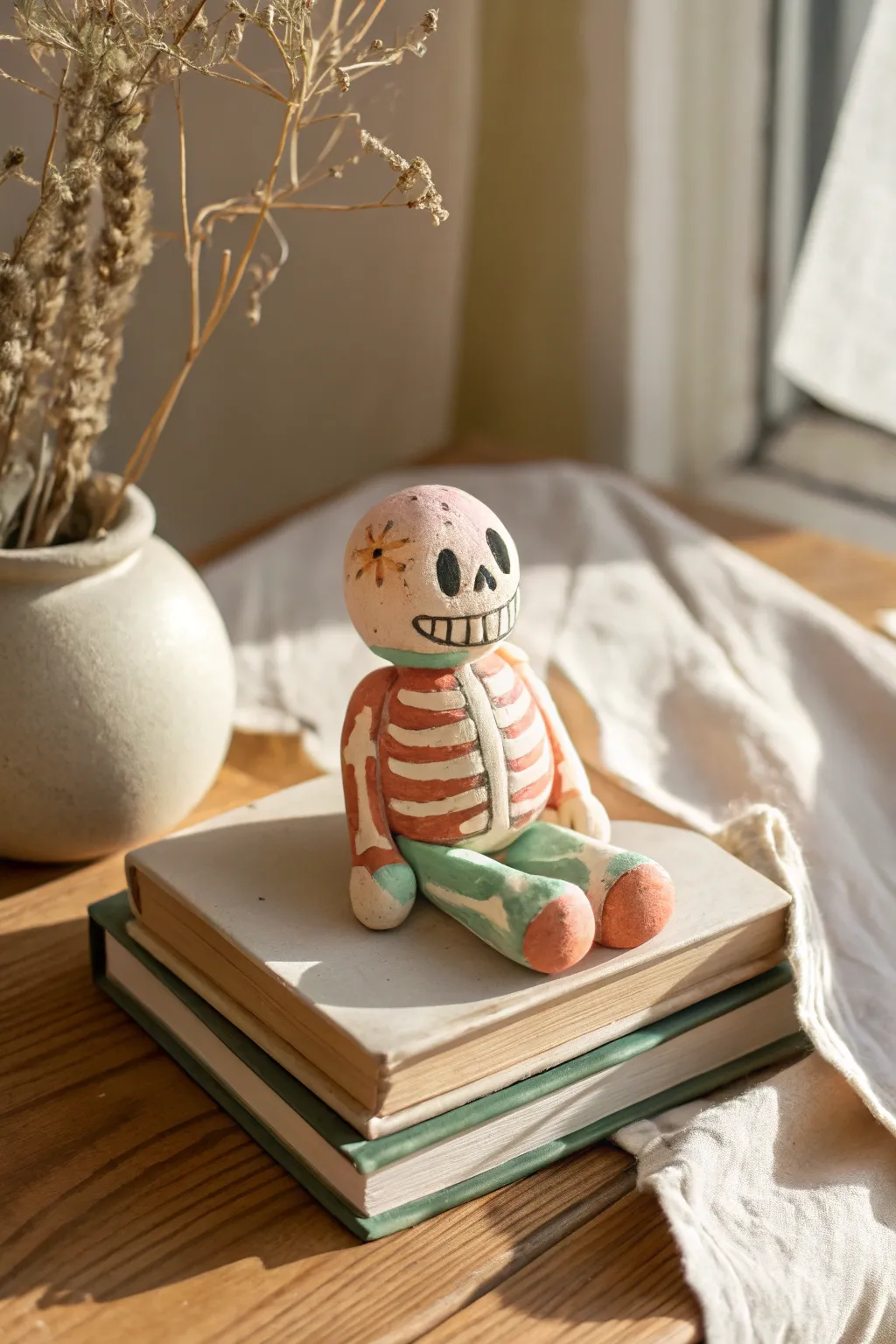 Cheerful mini clay skeleton on cozy books, the cutest beginner-friendly Halloween decor.