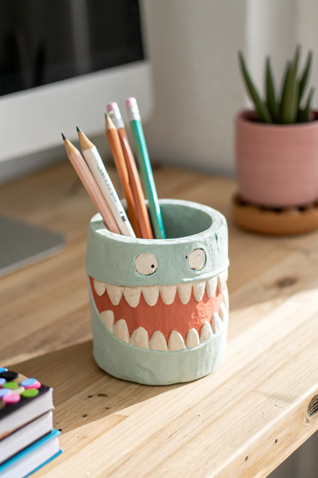 Goofy monster mouth pencil holder, a cute Halloween clay project that kids will love to use.