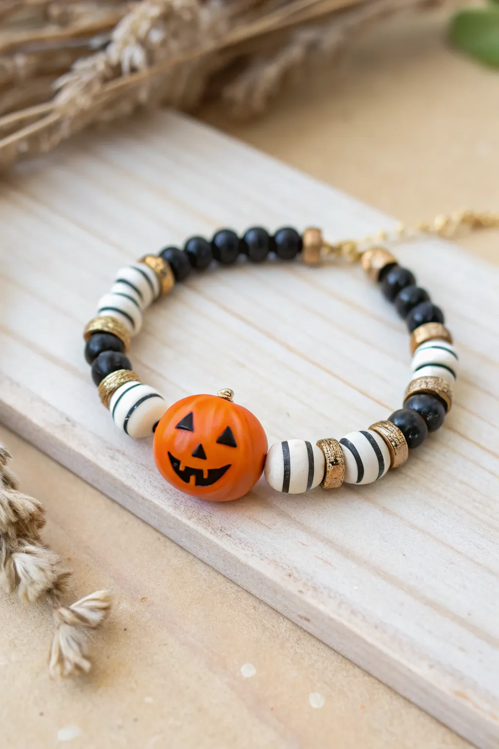 Chunky orange jack o lantern focal bead bracelet with crisp black and white heishi accents.