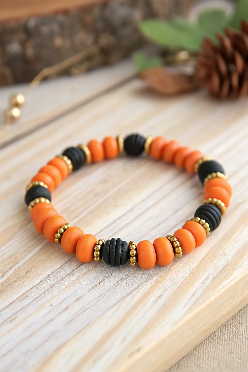 Orange and black clay discs with brushed gold spacers, a simple glam Halloween bracelet.